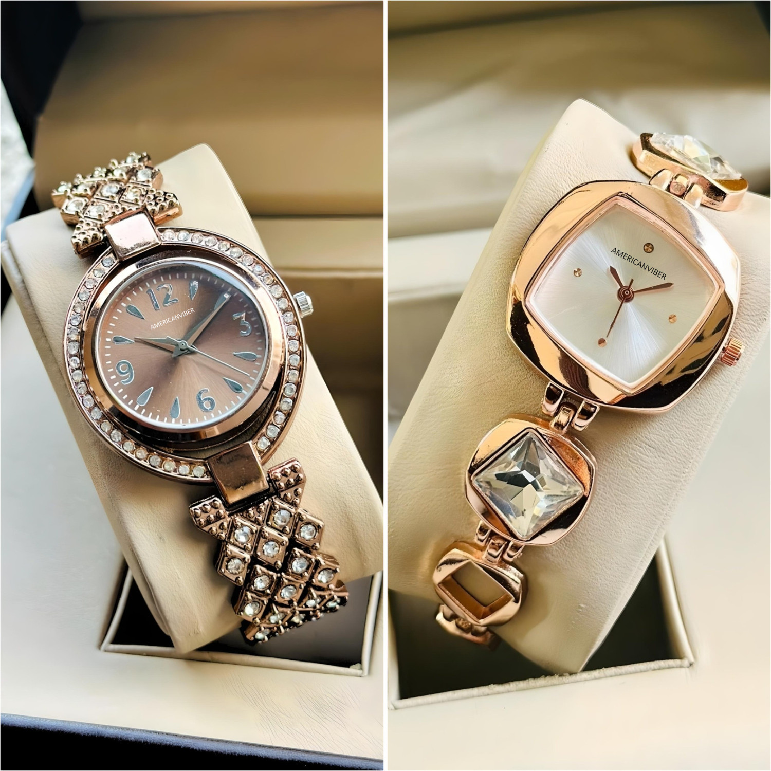 Image of Americanviber DRW0034 BROWN+DRW0027 ROSE WHITE Premium Stylish Combo Watch Set for Women & Girls Analog Watch - For Women