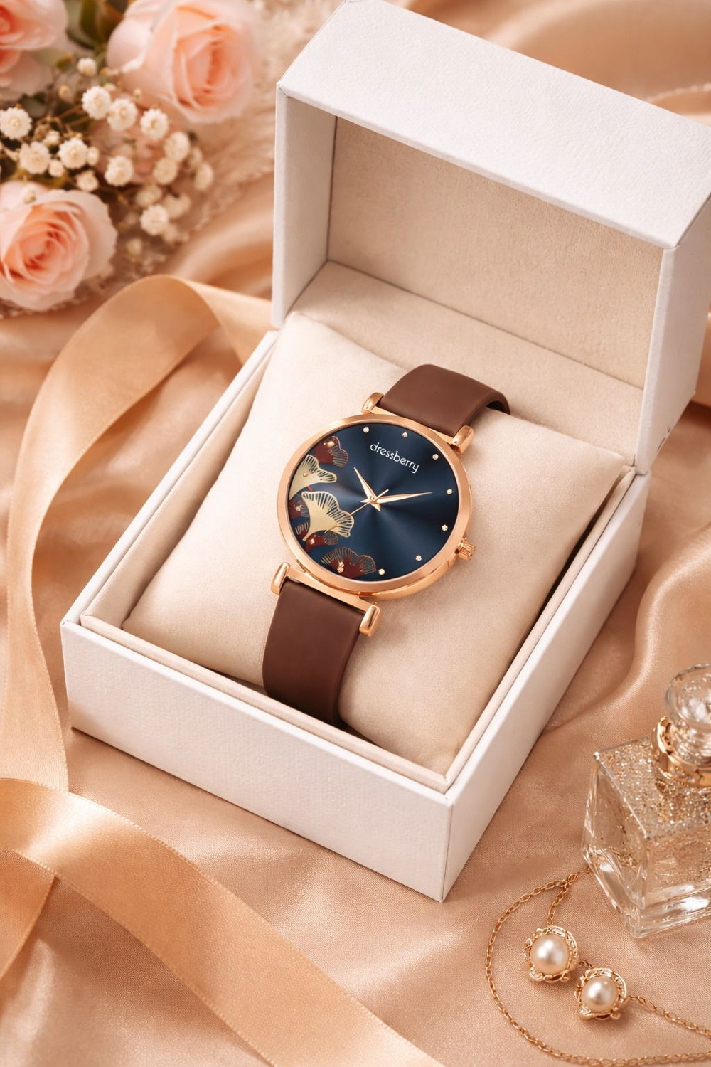 Image of Dressberry Elegant Rose Gold Women's Watch with Artistic Blue Dial & Brown Silicone Strap ✨ Analog Watch - For Women DB-LR028-BLU-RG
