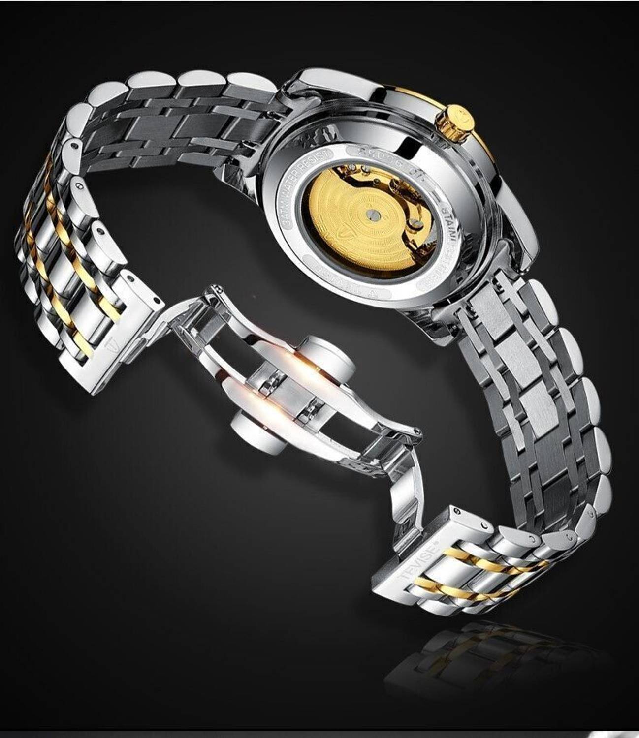 Tevise Mens Automatic Mechanical Skeleton Black Watch - Image 4