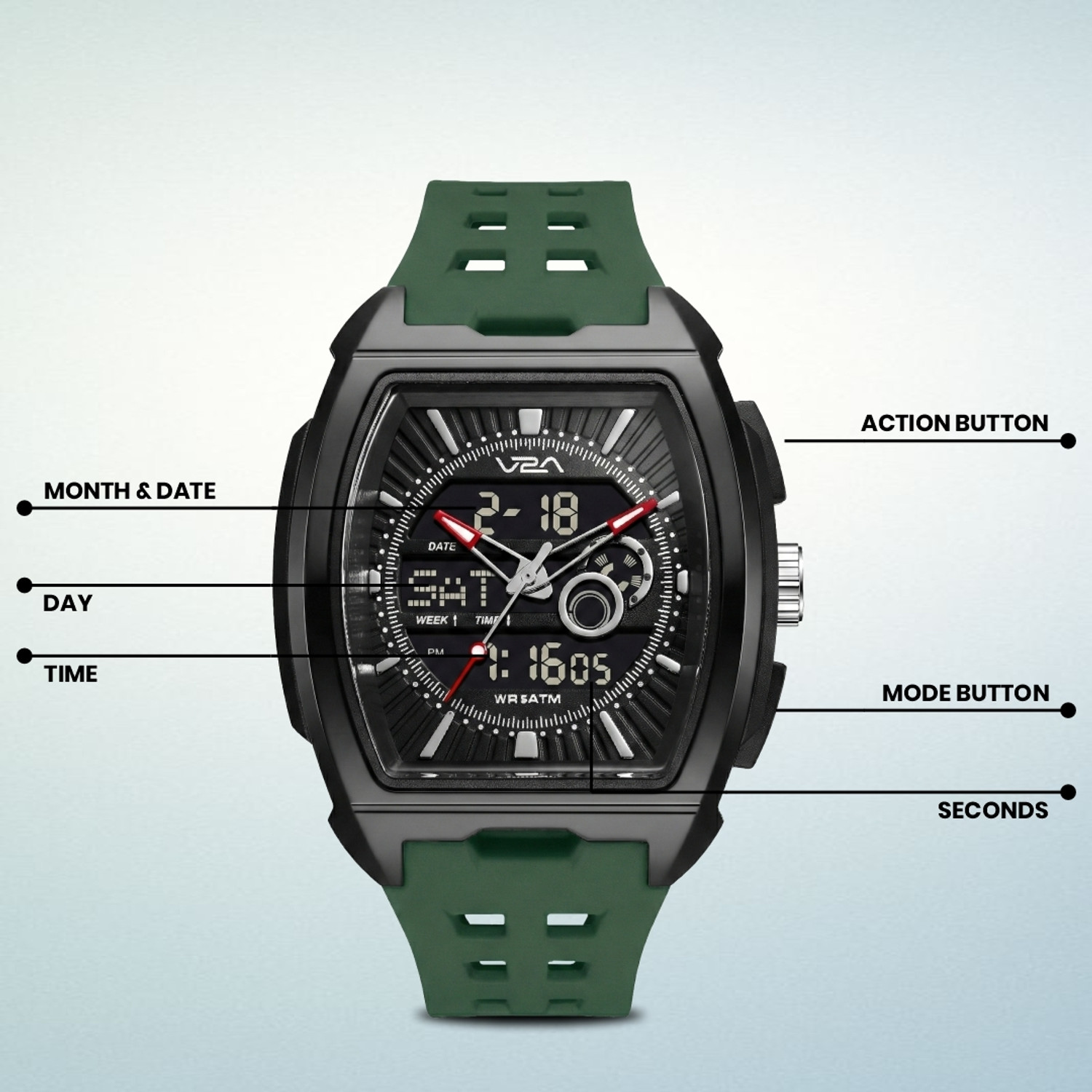 Image of V2A V2A Impact 50mm Analog Digital Watch for Men | Tonneau Sports Case Design Analog-Digital Watch - For Men