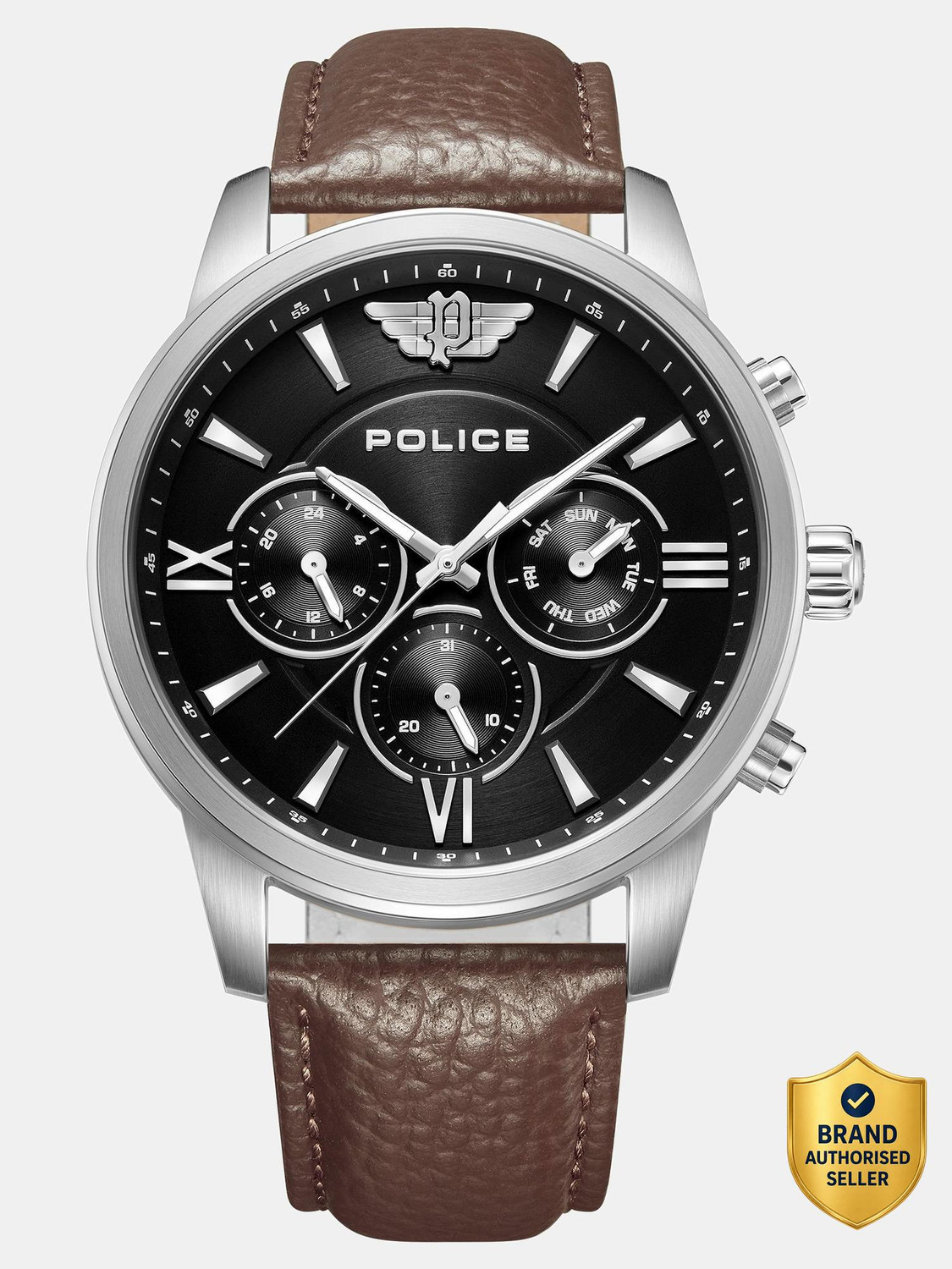 Image of Police Urban Rebel Police Multifunction Black Dial Brown Leather Strap Analog Watch - For Men