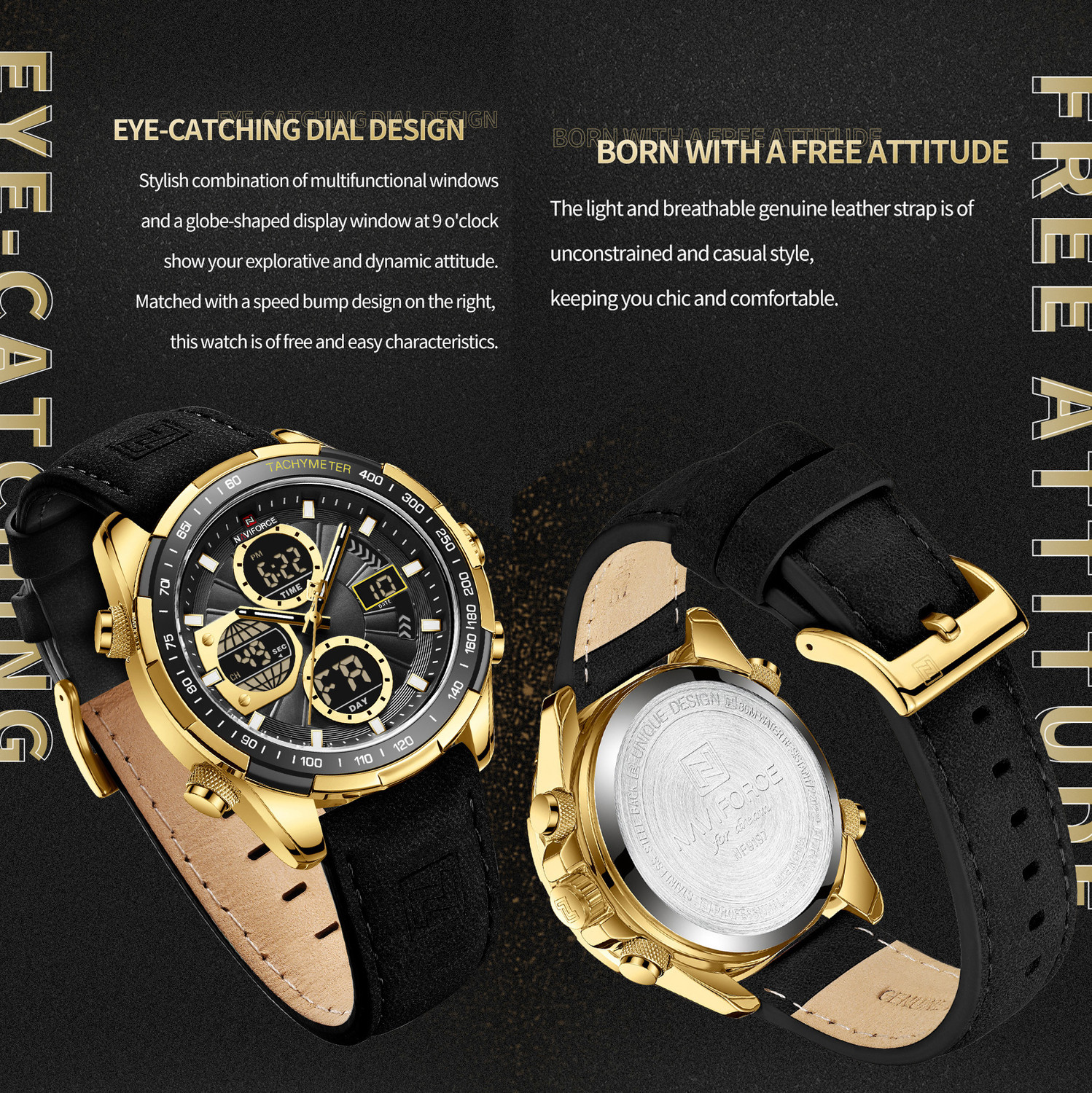Image of Alix Business fashion Quartz Waterproof Multifunctional Military Leather Analog-Digital Watch - For Men