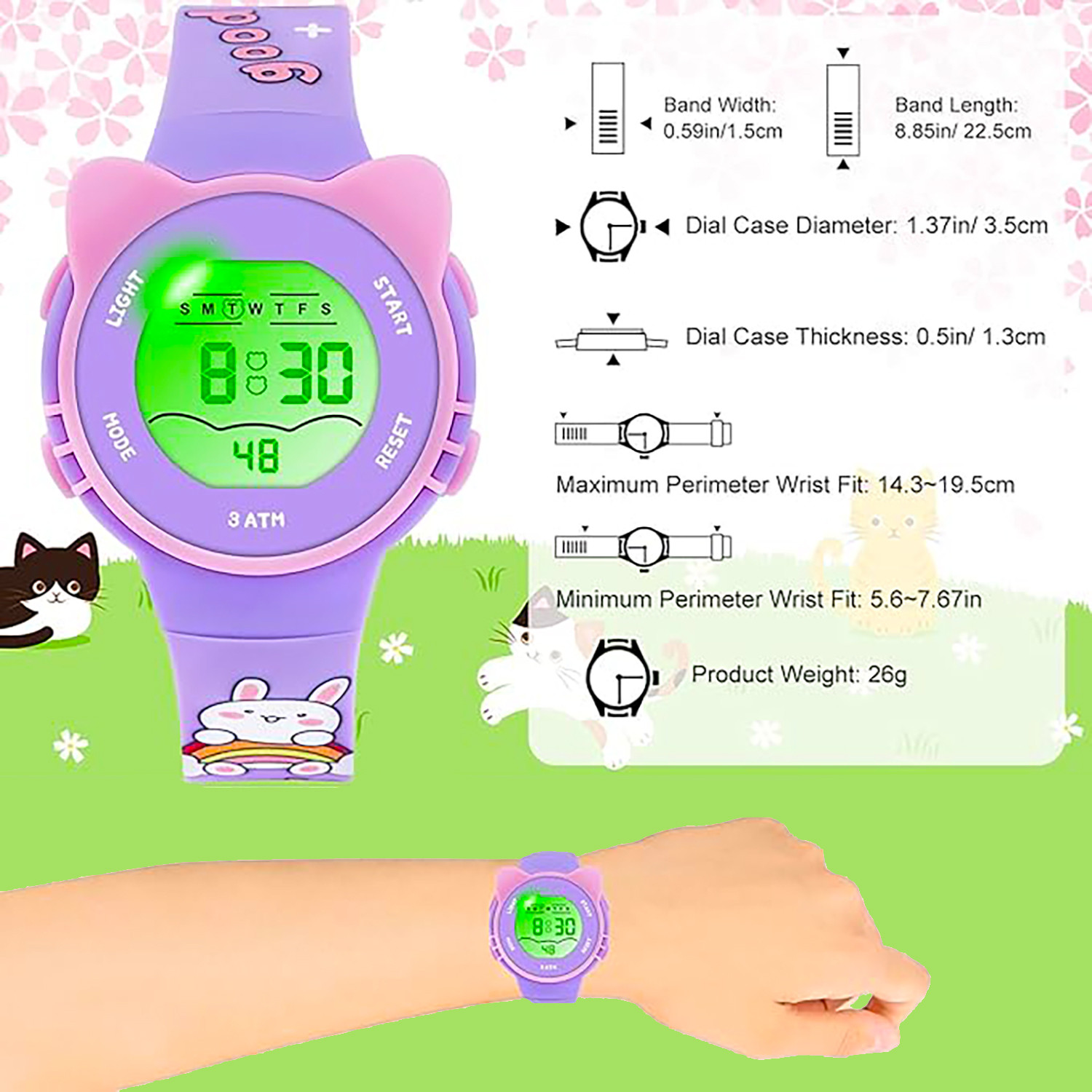 Image of Time Up Printed Strap Kitty Style Printed Cartoon Night Light & Alarm Waterproof Kids(5-13 Years) Digital Watch - For Boys & Girls