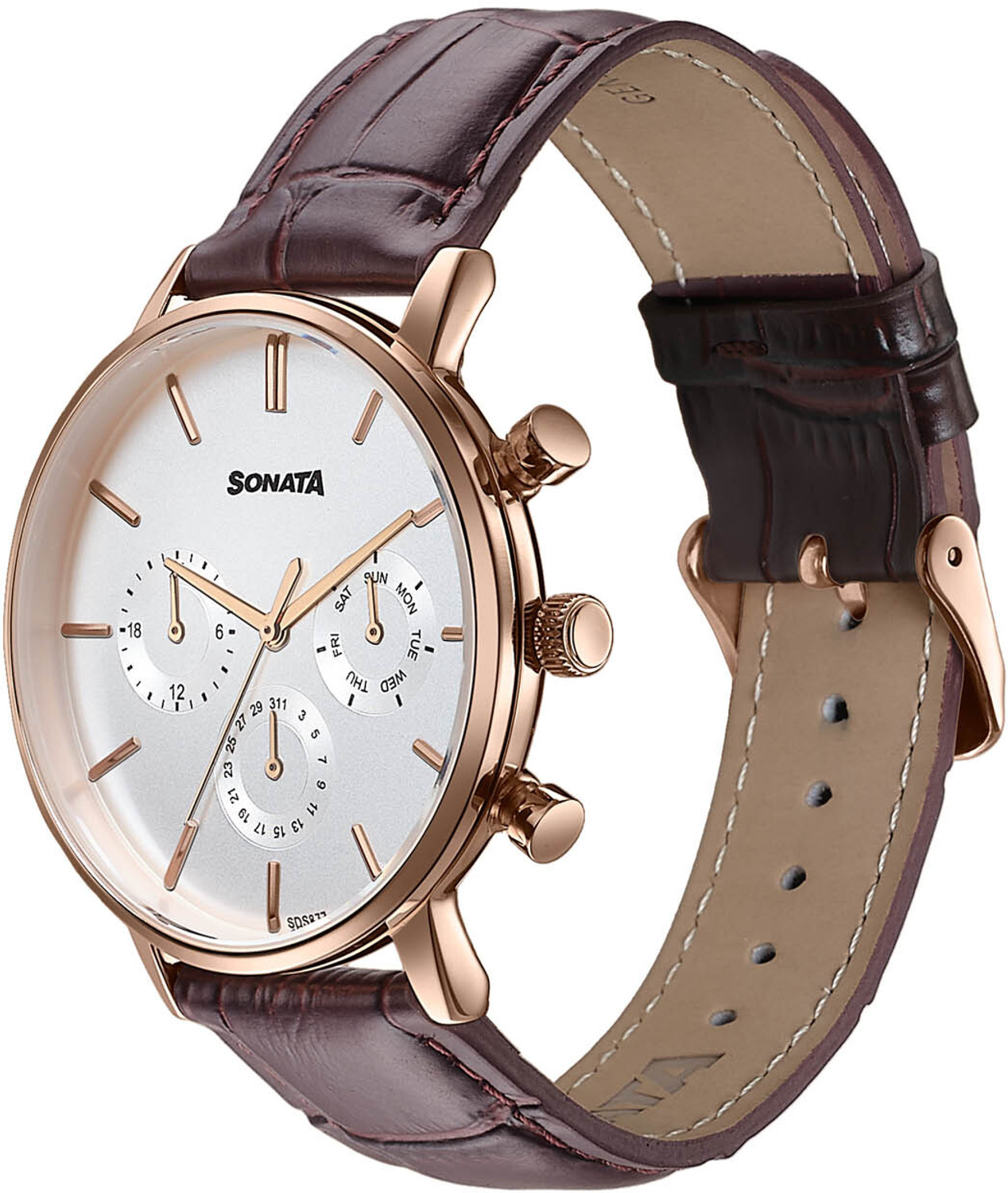 Image of SONATA Festive 2.0 Ph II Sonata Festive 2.0 Quartz White & rose gold Dial Brown Leather Strap Analog Watch - For Men