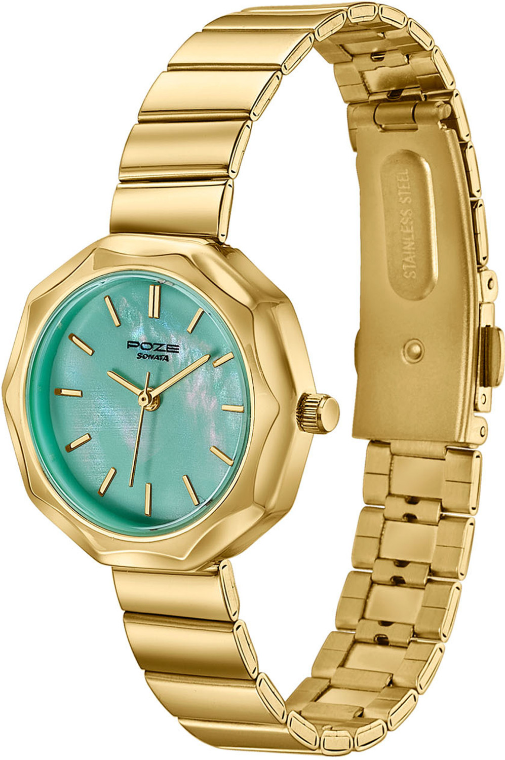 Image of SONATA Poze Drop 9.2 Poze 9 Quartz Green Dial IPG SS cut fold Strap Analog Watch - For Women