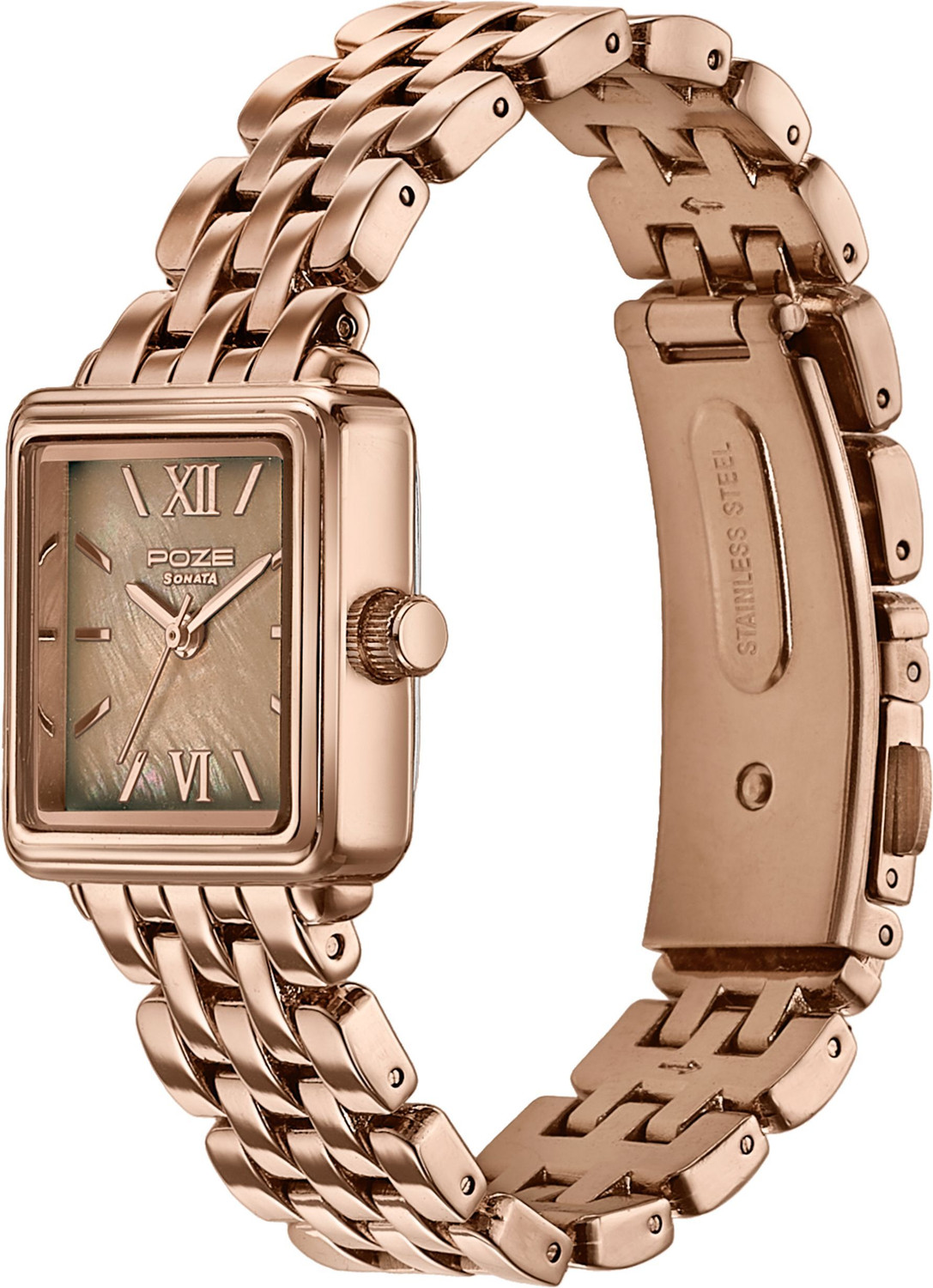 Image of SONATA Poze 8 Sonata Poze 8 Quartz MOP Brown Dial IP Rose Gold Solid link Strap Analog Watch - For Women