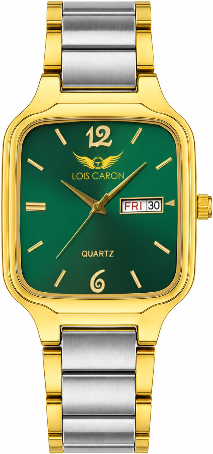 Image of LOIS CARON LCS-8643 Premium Square Day & Date Green dial Two tone strap Analog Watch - For Men