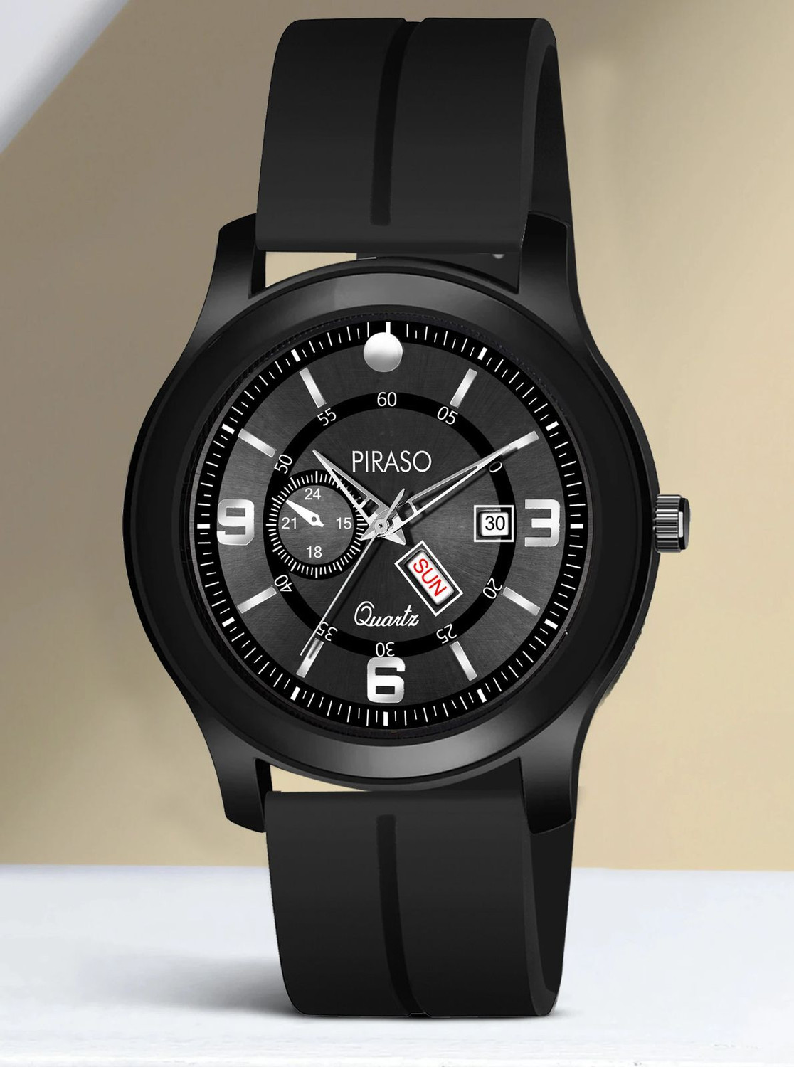 Image of PIRASO D&D MSC19 BLACK Piraso Black Day Date Dial & Black Silicone Magnetic Lock Strap Watch For Men Analog Watch - For Men