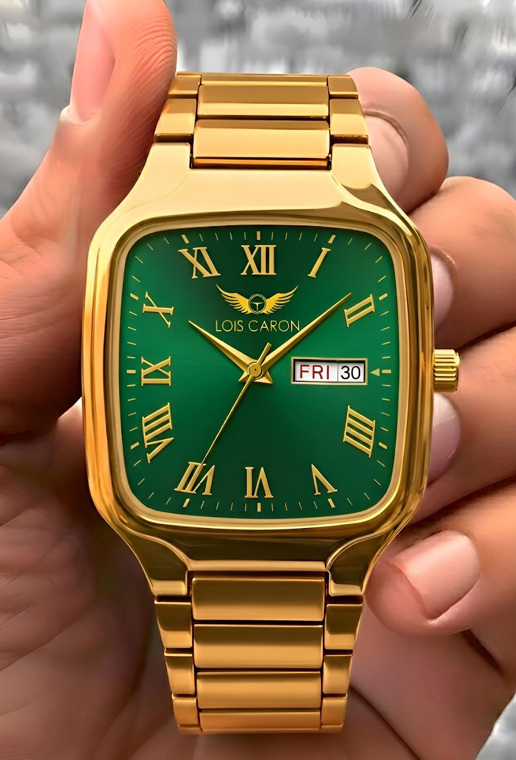 Image of LOIS CARON LCS-8641 Square roman number golden watch || Day & Date Function || elegant wrist watch Analog Watch - For Men