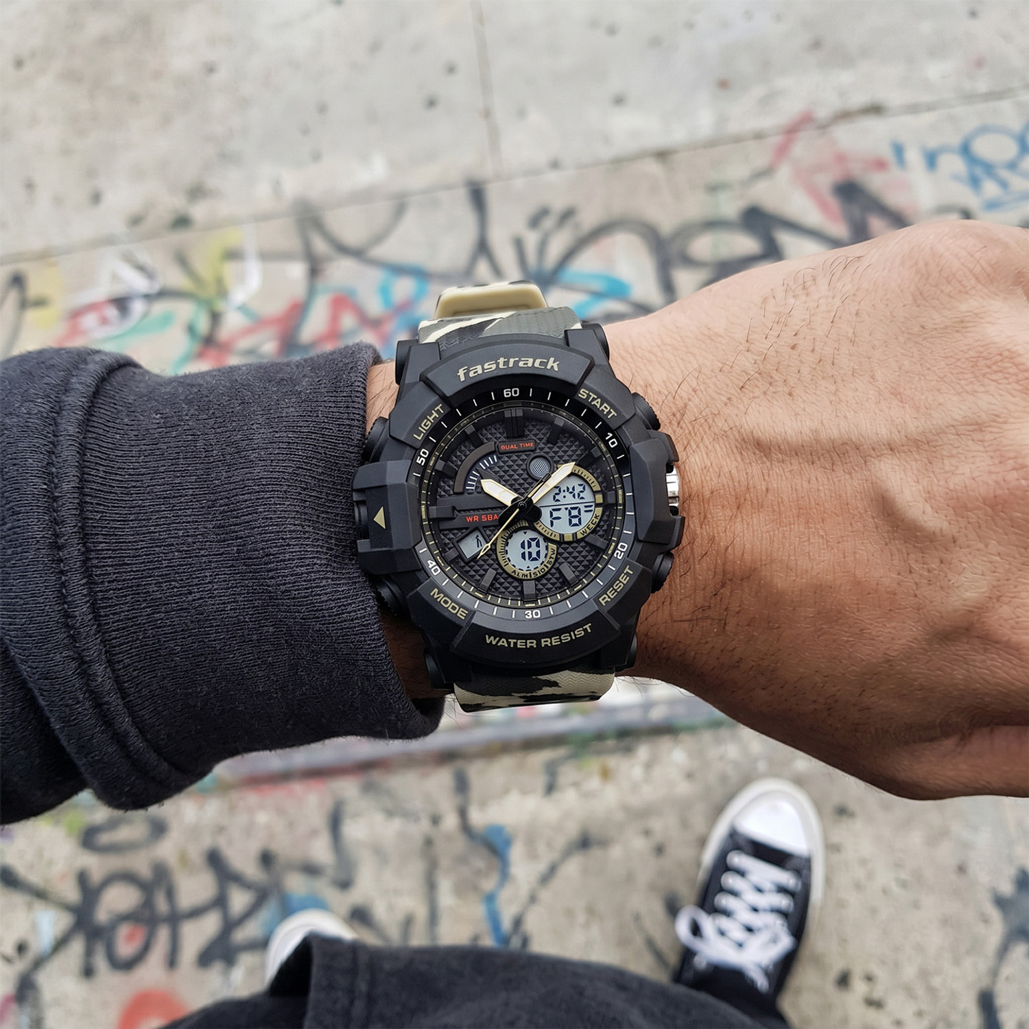 Image of Fastrack Streetstyle 6 Fastrack Streetstyle 6 Ana Digi Black Dial Camo Grey Polyether Strap Analog-Digital Watch - For Men