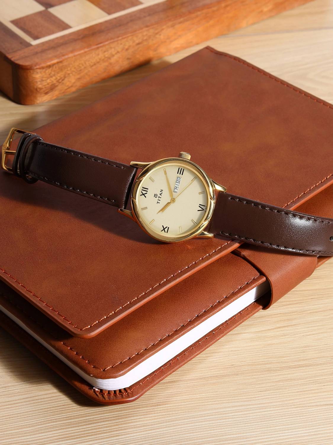 Titan NT1580YL05 Champagne Dial Brown Leather Watch - Image 2