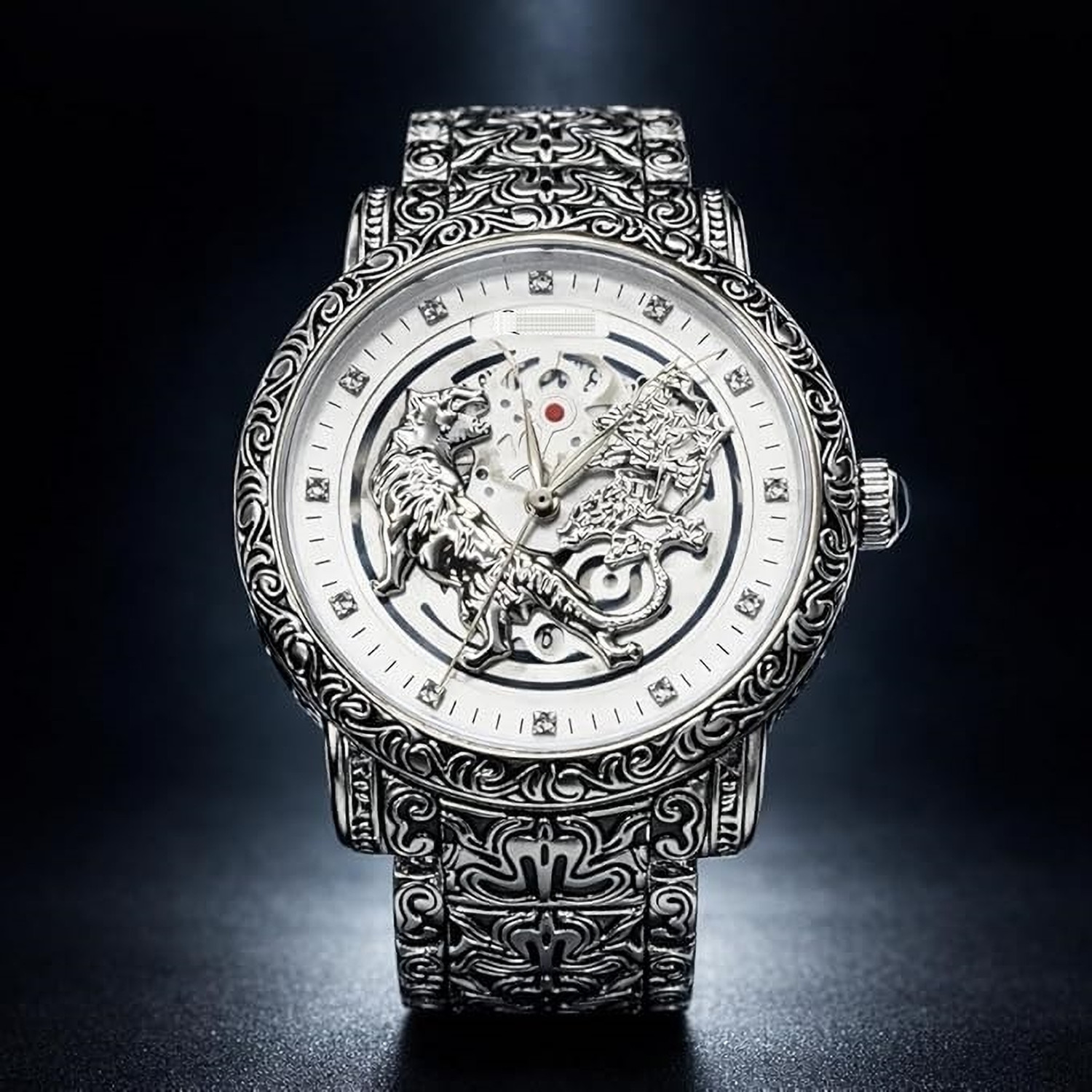 Image of paltinum Men watch Tiger Dial Silver Quartz Analog Wristwatch, Engraved Stainless Steel Bracelet Analog Watch - For Men