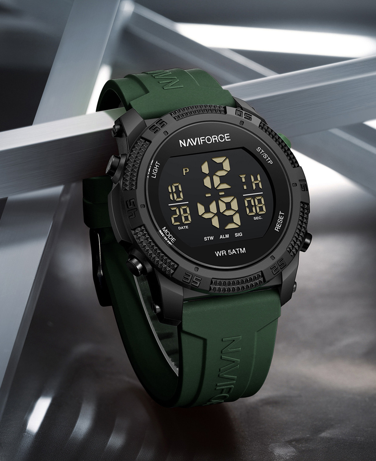 Image of NAVIFORCE NF7104 Green silicone light weight strap multi-function round dial Digital Watch - For Men