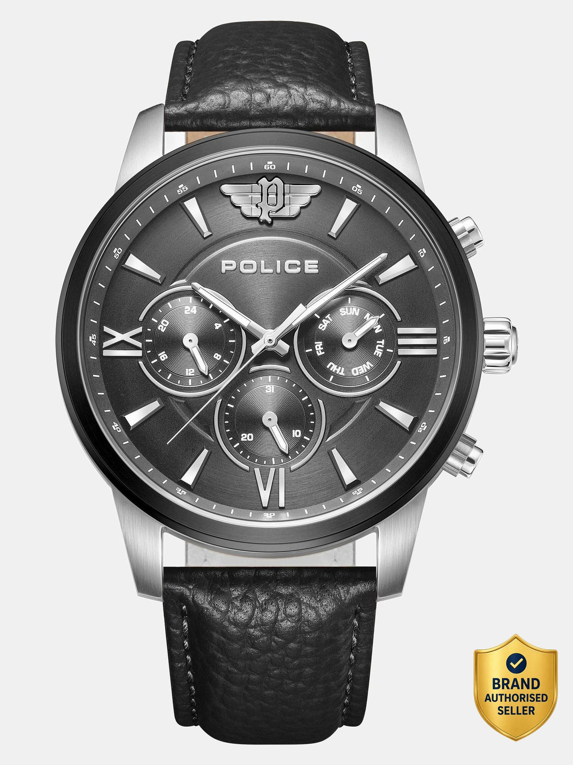 Image of Police Urban Rebel Police Multifunction Grey Dial Black Leather Strap Analog Watch - For Men