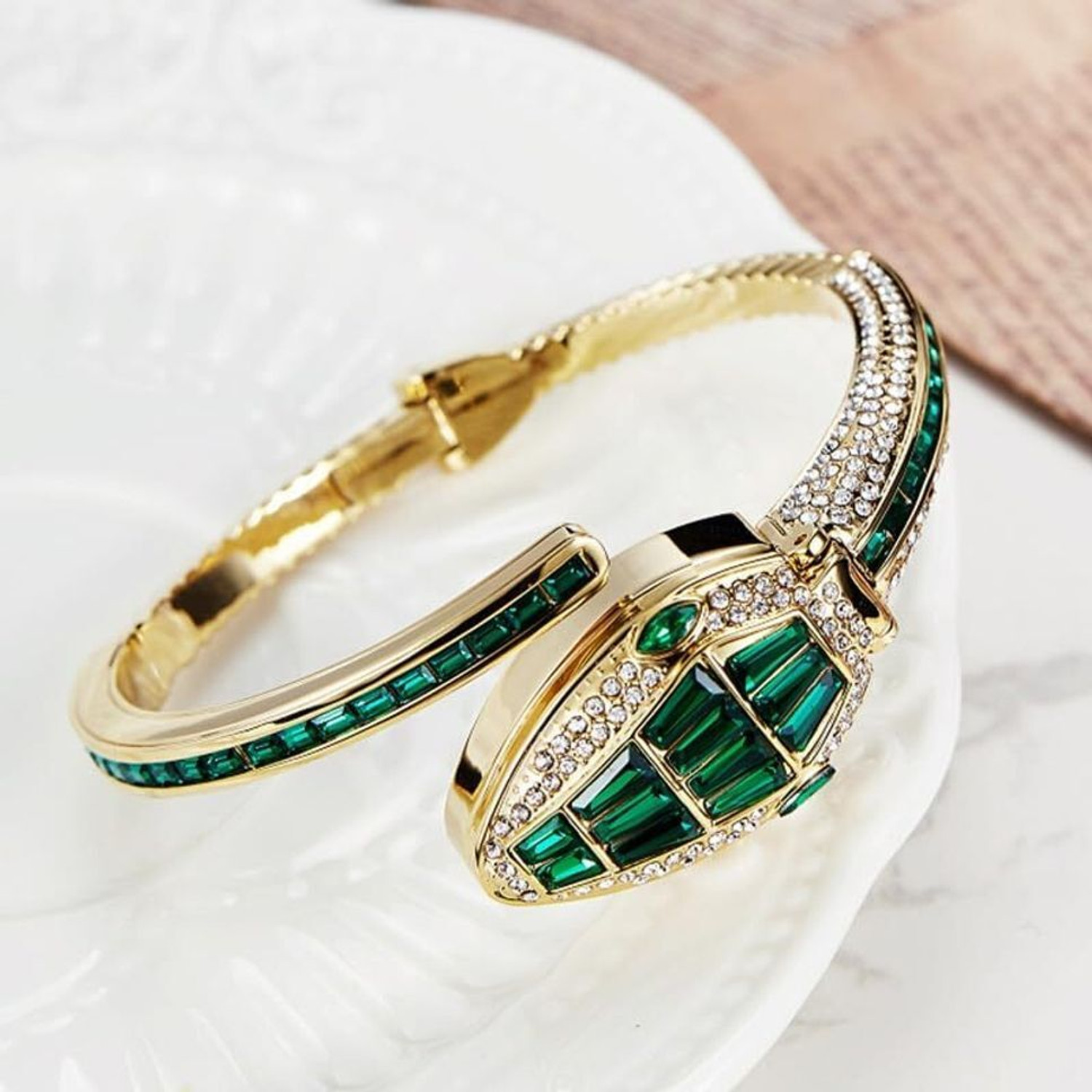 Image of Treviyaa VINTAGE Luxury Snake Watch for Women Gold Plated Bracelet with Green Crystal Dial Analog Watch - For Women