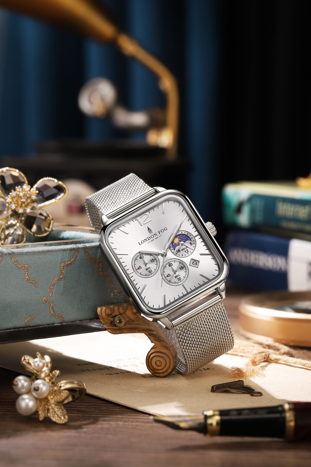 Image of London Fog Silver Dial Silver Stainless Steel Mesh Strap Moon Phase Display Decorative Sub Hampstead Collection Silver Dial Silver Mesh Strap Moon Phase Decorative Sub Analog Watch - For Men