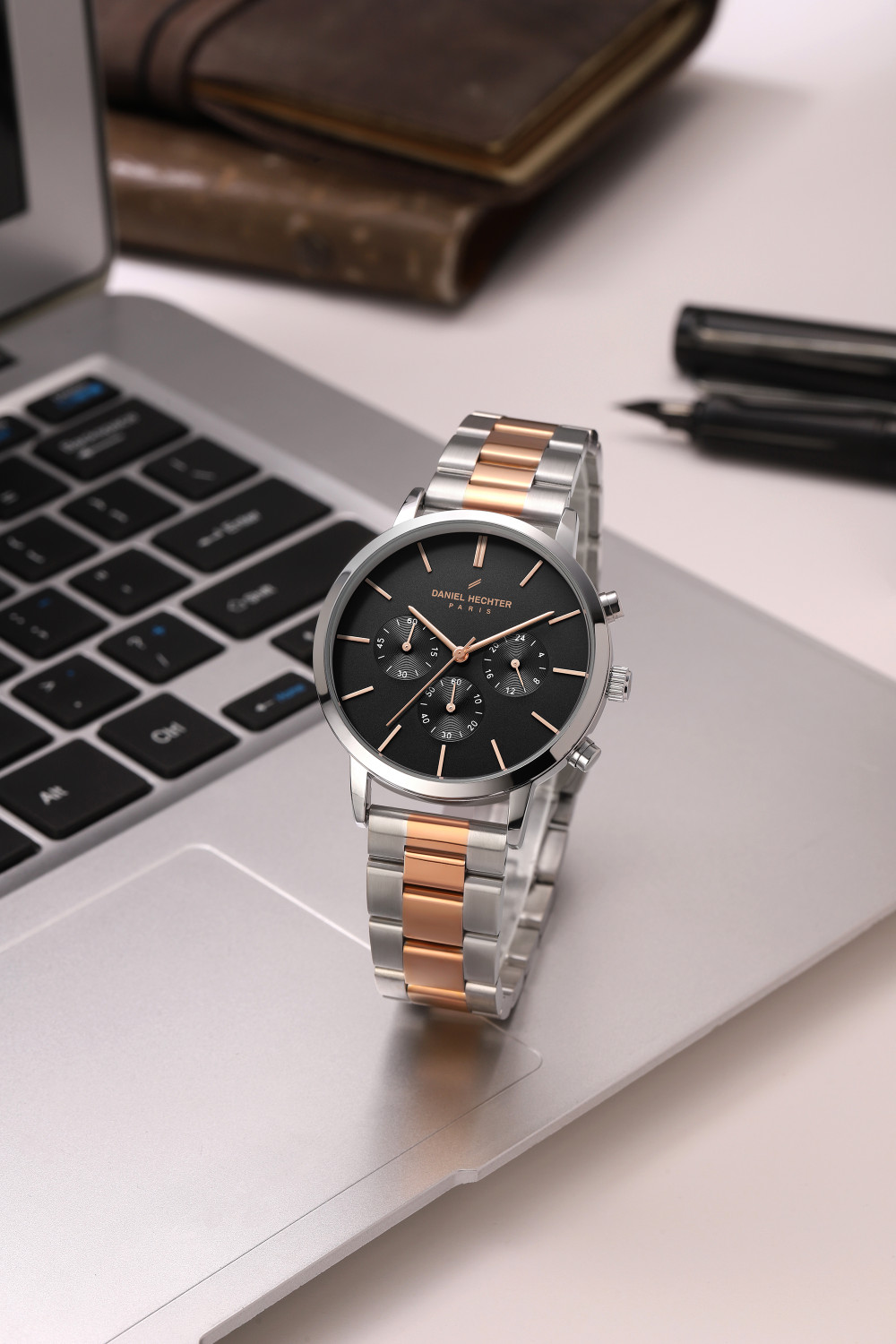 Image of DANIEL HECHTER Wagram Collection Multifunction Round Black Dial, Stainless Steel Strap Analog Watch - For Men