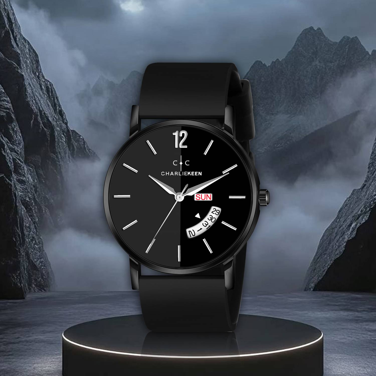 CHARLIEKEEN Black Dial Silicone Strap Elegance Look Day Date Display Analog Watch - For Men