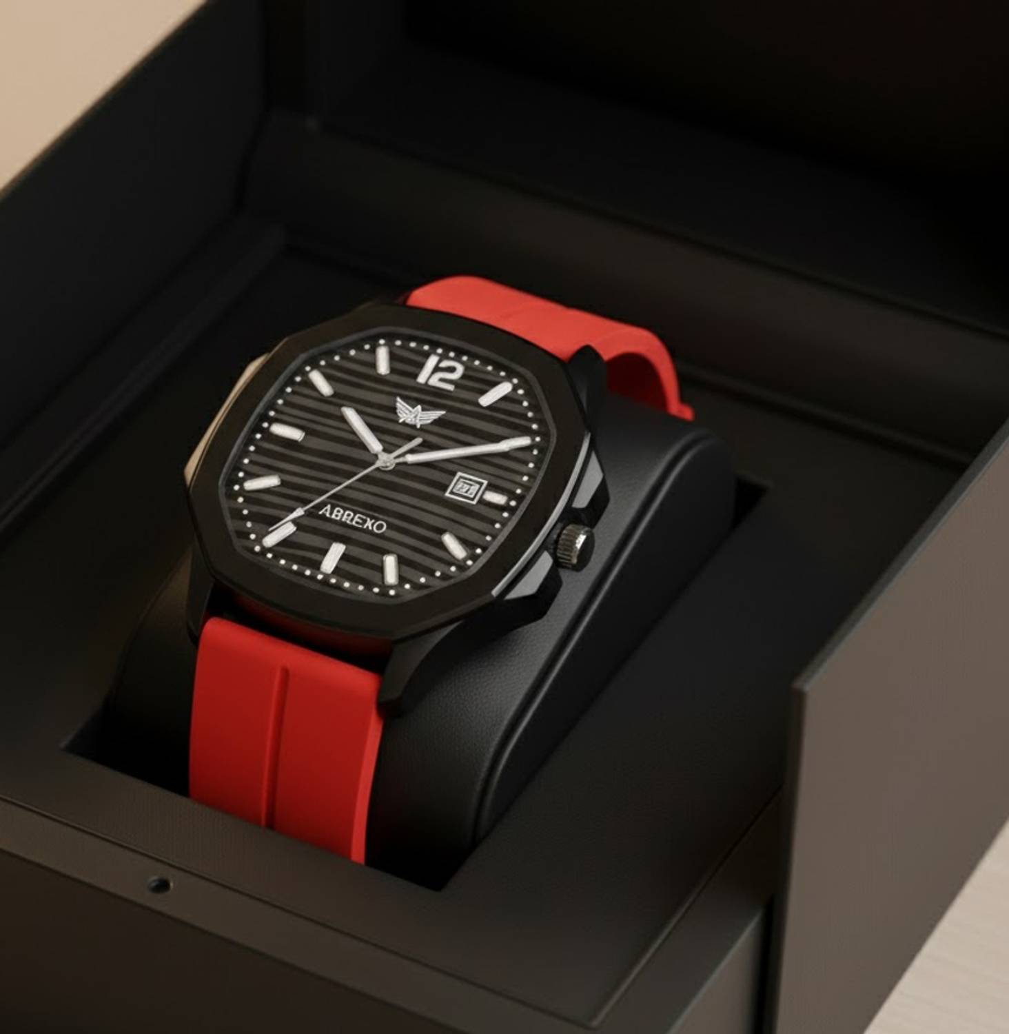 ABREXO Abx6600-RD Vintage-Law Date Working Square Black Dial Premium Silicone Strap Boys Analog Watch - For Men