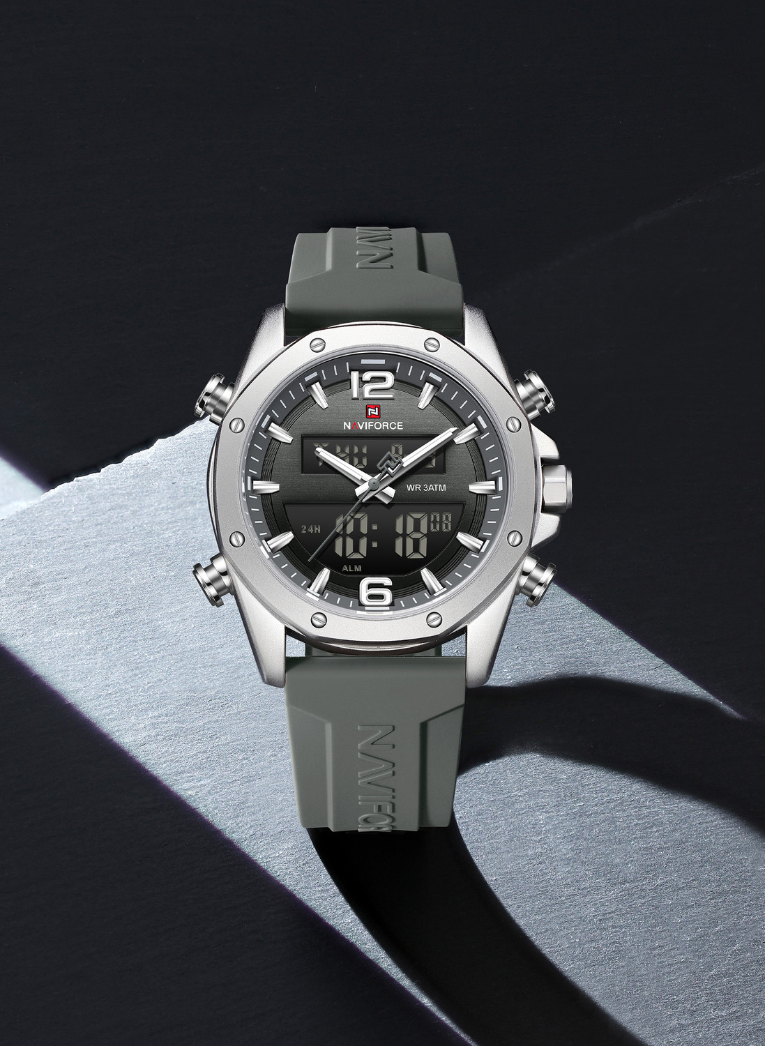 Image of NAVIFORCE NF9264 Sporty Silver Case With Grey Silicon Strap Analog-Digital Watch - For Men