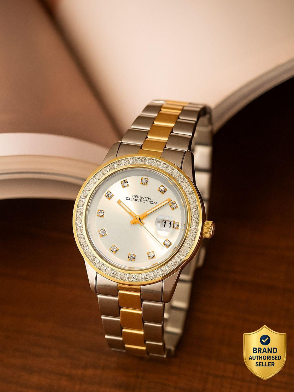 Image of French Connection Aurdate AURDATE Rhinestone Dated Silver Sunray Dial | Women's Silver Analog Watch - For Women