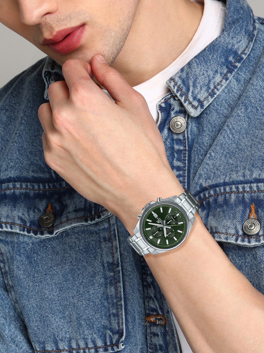 Image of CASIO Edifice Green Dial Silver Stainless Steel Band Analog Watch - For Men ED571 (EFV-610D-3CVUDF)