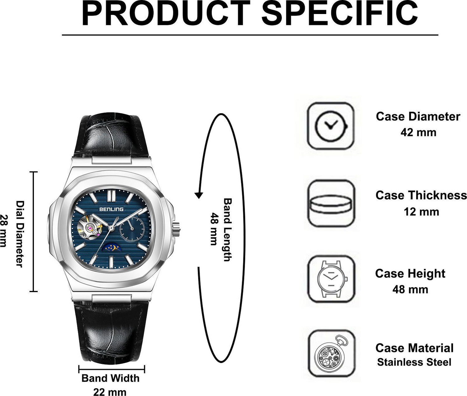 Image of Benling Benling Regalia Series - Open Heart Dial with Moonphase Benling Automatic mechanical watch for men Analog Watch - For Men