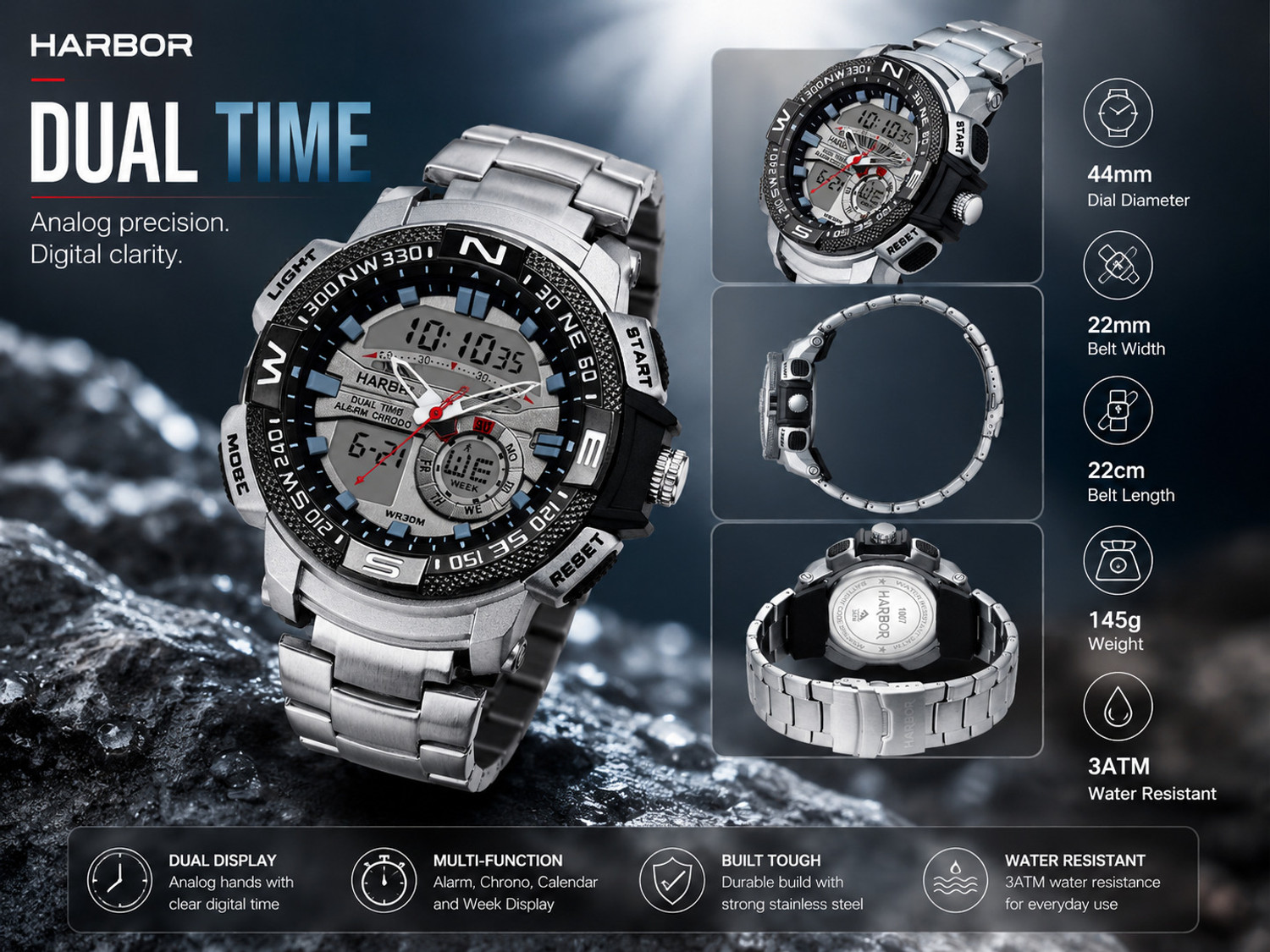Image of Harbor H 1007 Steel Dual Time Analog Digital Men's Watch Stainless Steel Sports Style Analog-Digital Watch - For Men