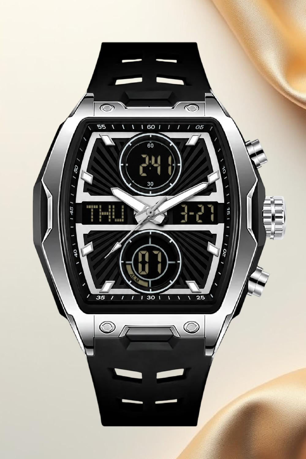 Image of LOIS CARON LCDA8034 Analog Digital Watch for Men | curved Barrel Shaped Multifunction dual display Analog-Digital Watch - For Men