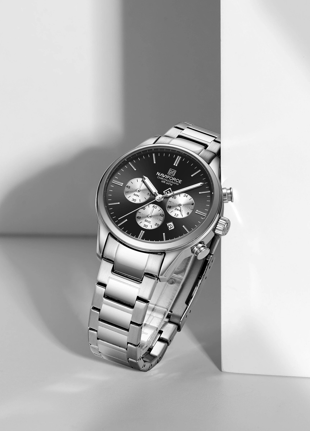 Image of NAVIFORCE NF8076 Classic Silver-Black Multifunctional Date Display Analog Watch - For Men
