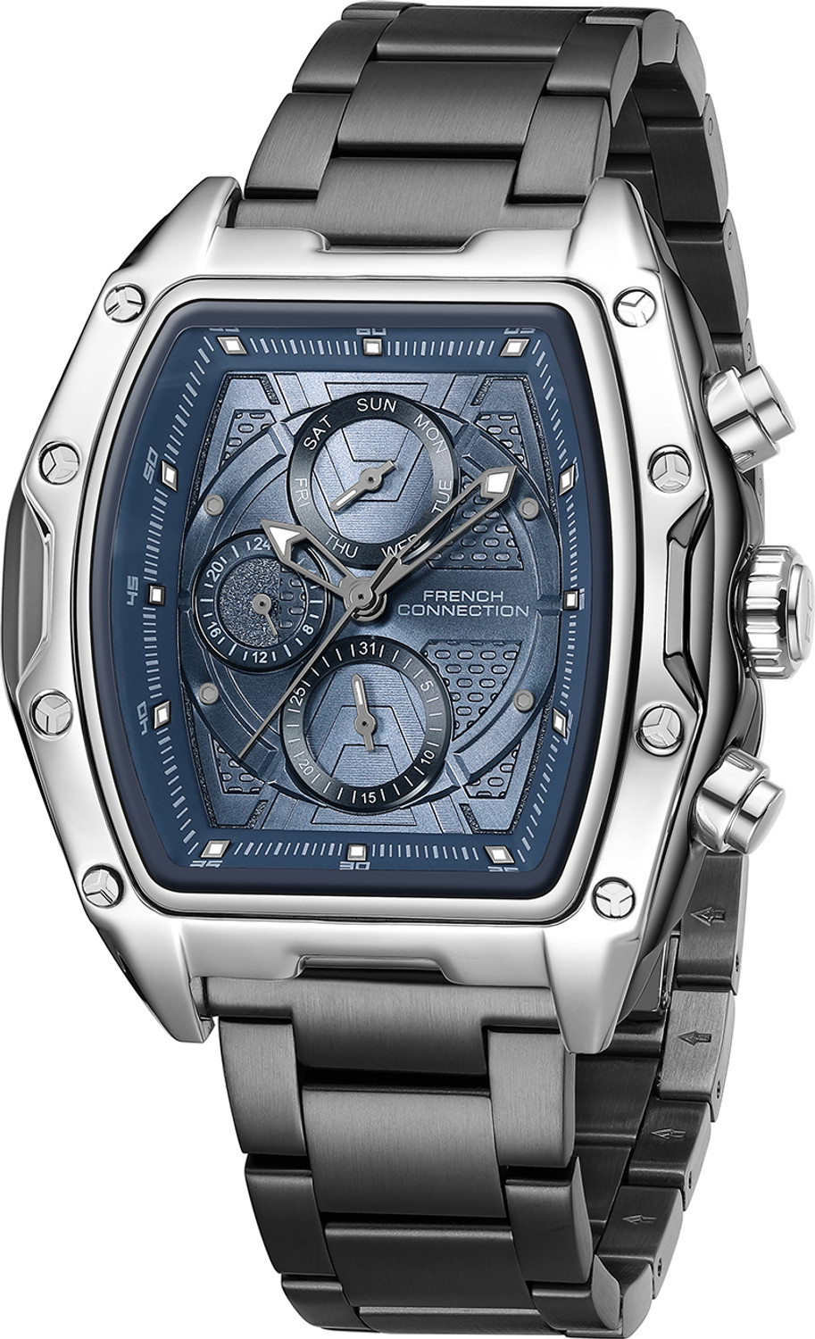 Image of French Connection POWERCHRON Blue Texture Tonneau Dial | Grey Stainless Steel Chronograph Watch for Men Analog Watch - For Men