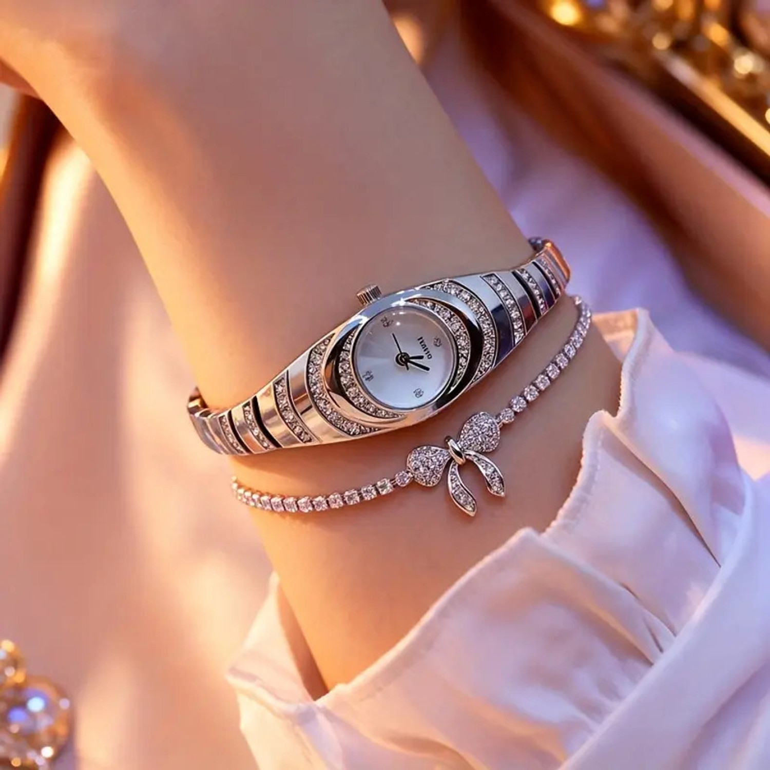 Image of RENAISSANCE TRADERS gold silver diamond premium gorgeous partywear pretty beautiful designer wedding Analog Watch - For Women cute fancy fashion
