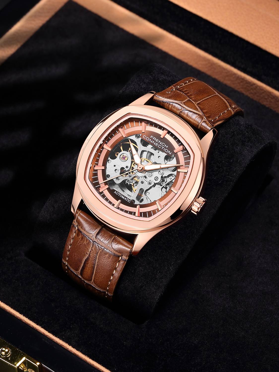 French Connection Brown Skeleton Round Dial Watch - Image 5