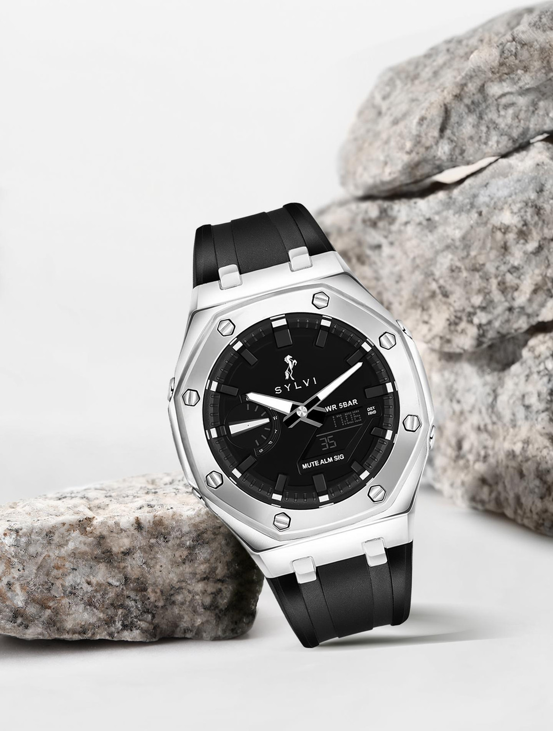 Image of Sylvi RIG-101-WT-SILVER Analog-Digital Watch - For Men Rig 101 Silver WT Max