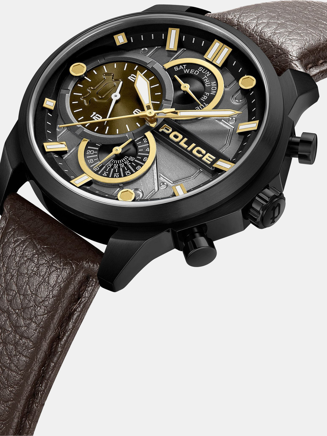 Image of Police Rock Rebel Police Multifunction Grey Dial Brown Leather Strap Analog Watch - For Men