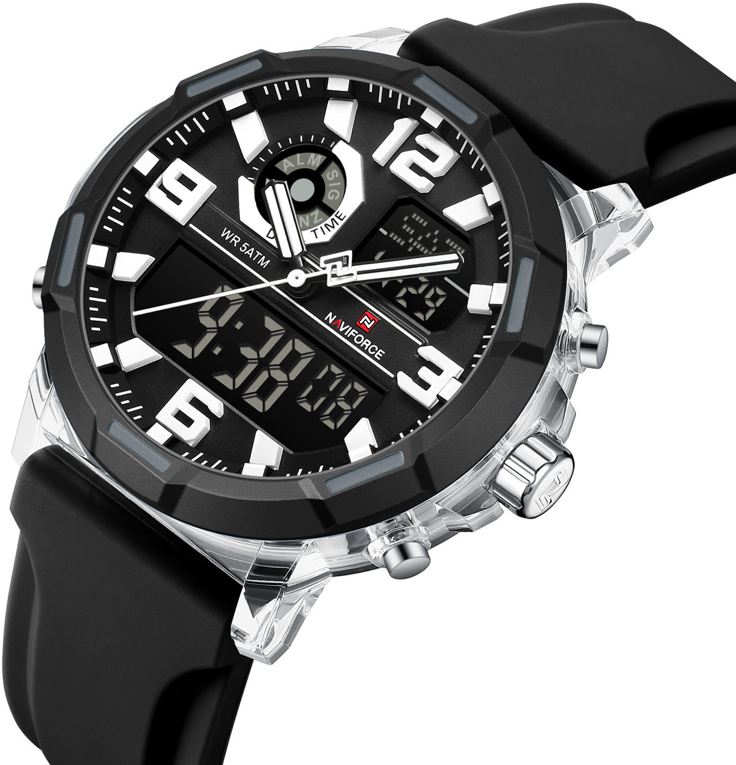 Image of NAVIFORCE NF7130 Black Silicon Strap With White Date Display Dial Analog-Digital Watch - For Men