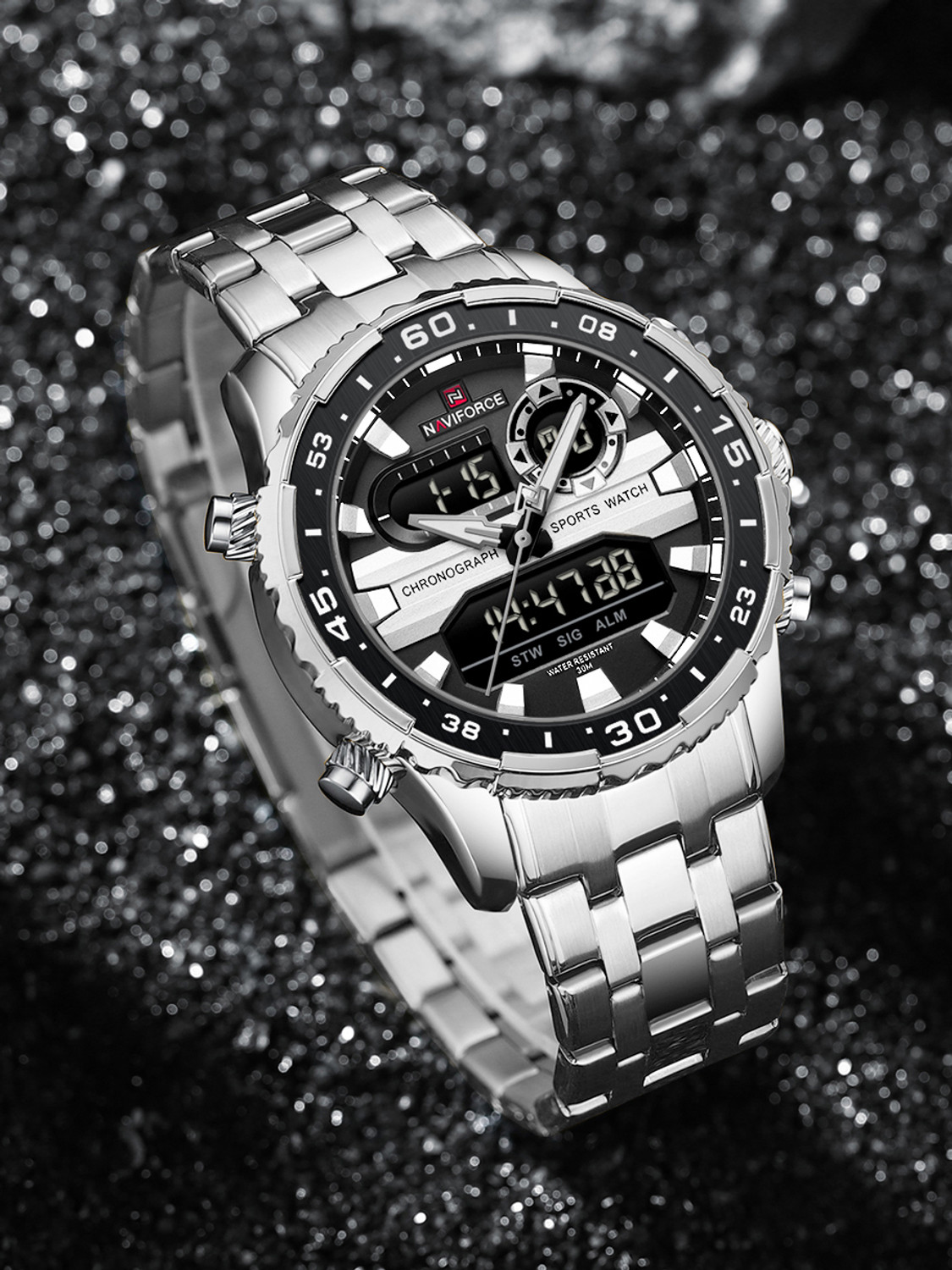NAVIFORCE Versatile combination of Silver strap and Black dial Analog-Digital Watch  - For Men