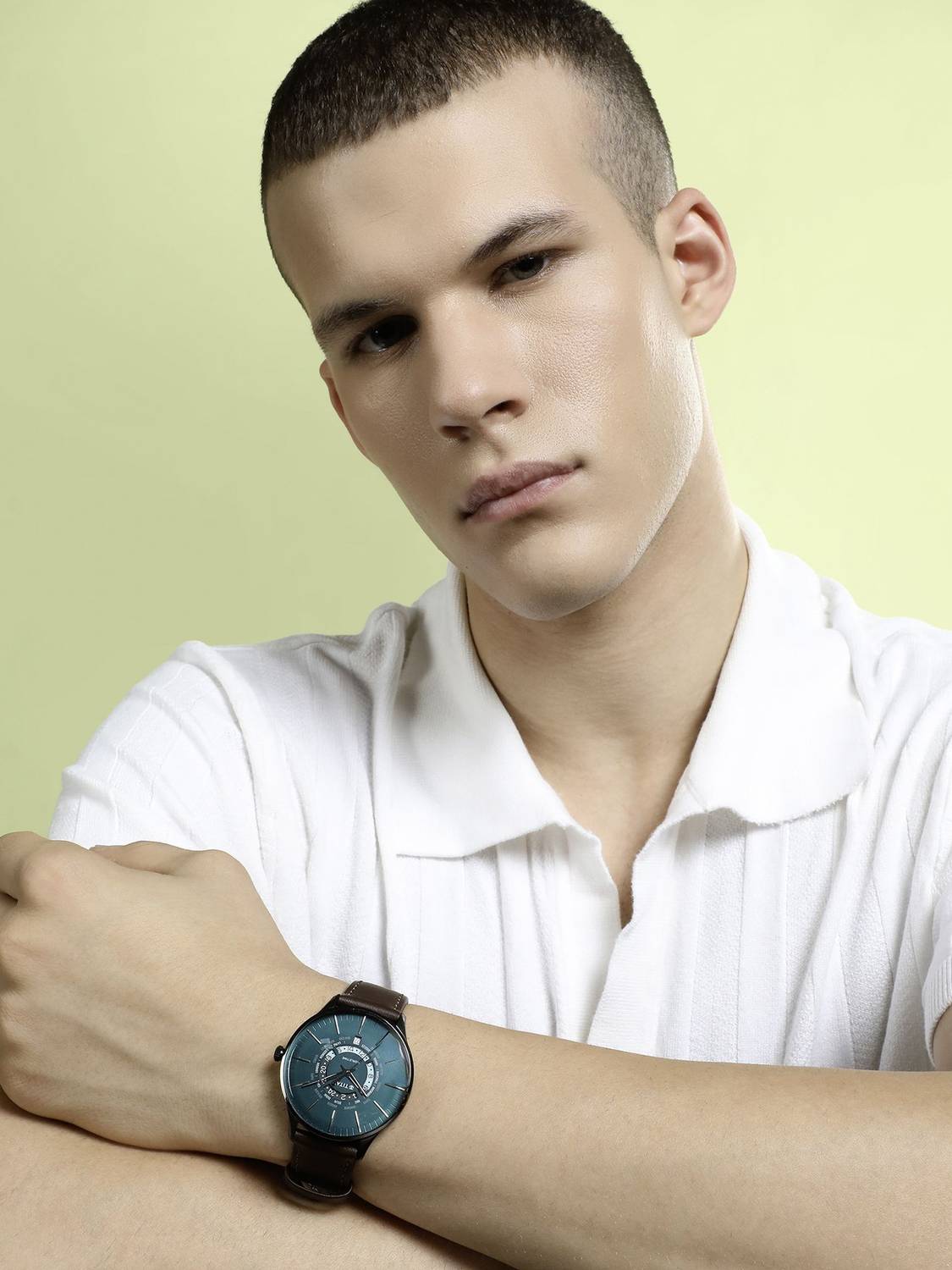 Titan World Time Green Dial Brown Leather Men's Watch - Image 3