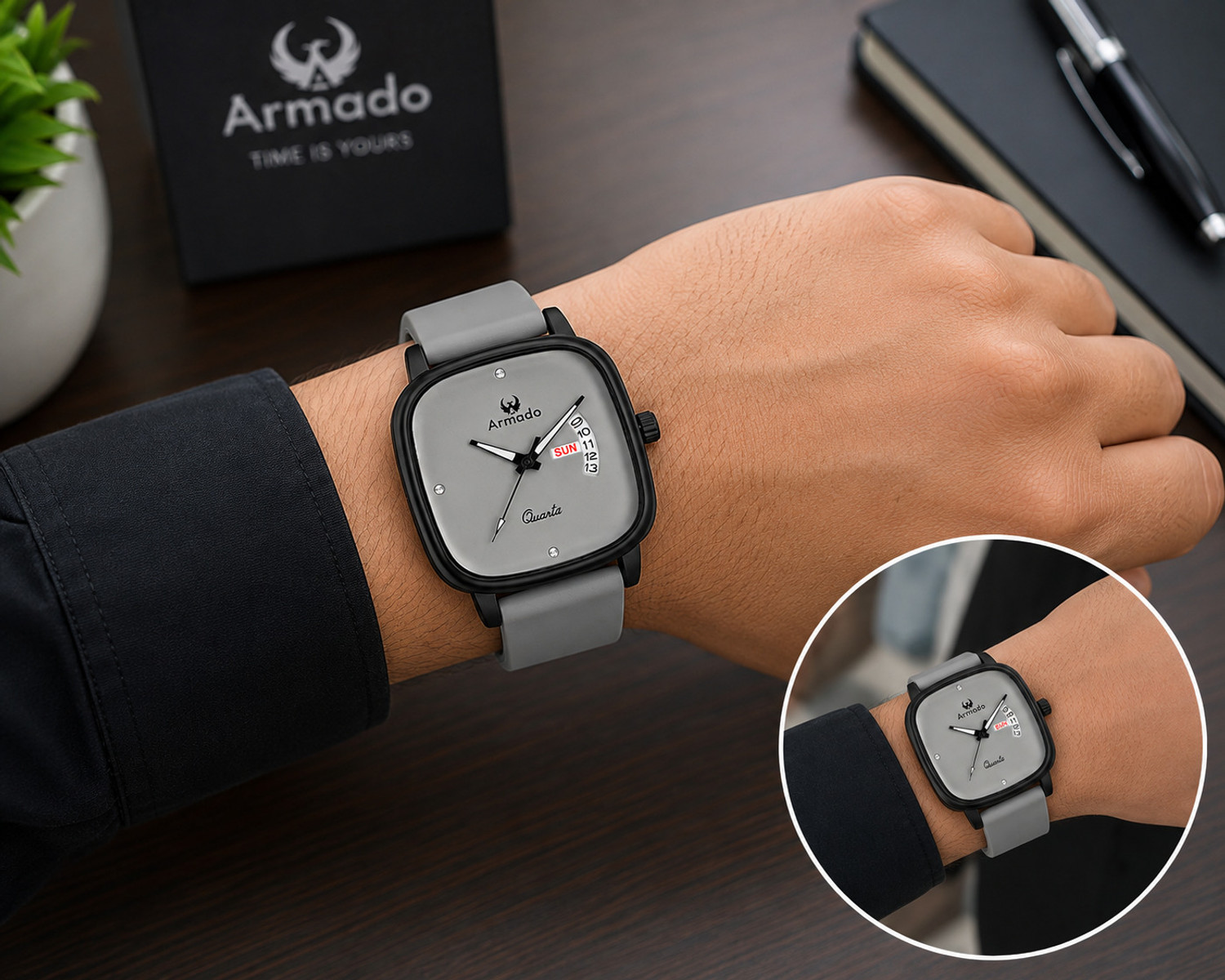 Image of ARMADO AR-MH-1281522-Neutral Grey Armado Watch for Boys | Square Dial | Day & Date Display | Silicone Strap Analog Watch - For Men
