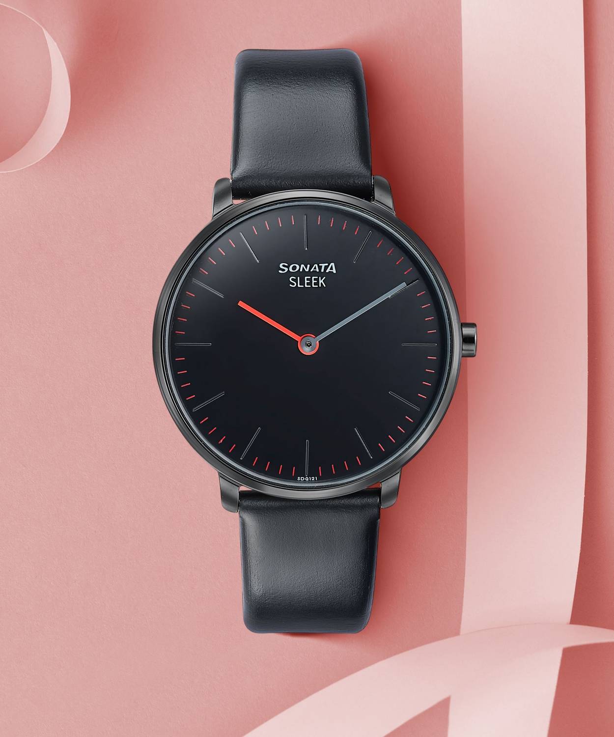 SONATA Sonata Sleek Black Dial Black Leather Strap Analog Watch