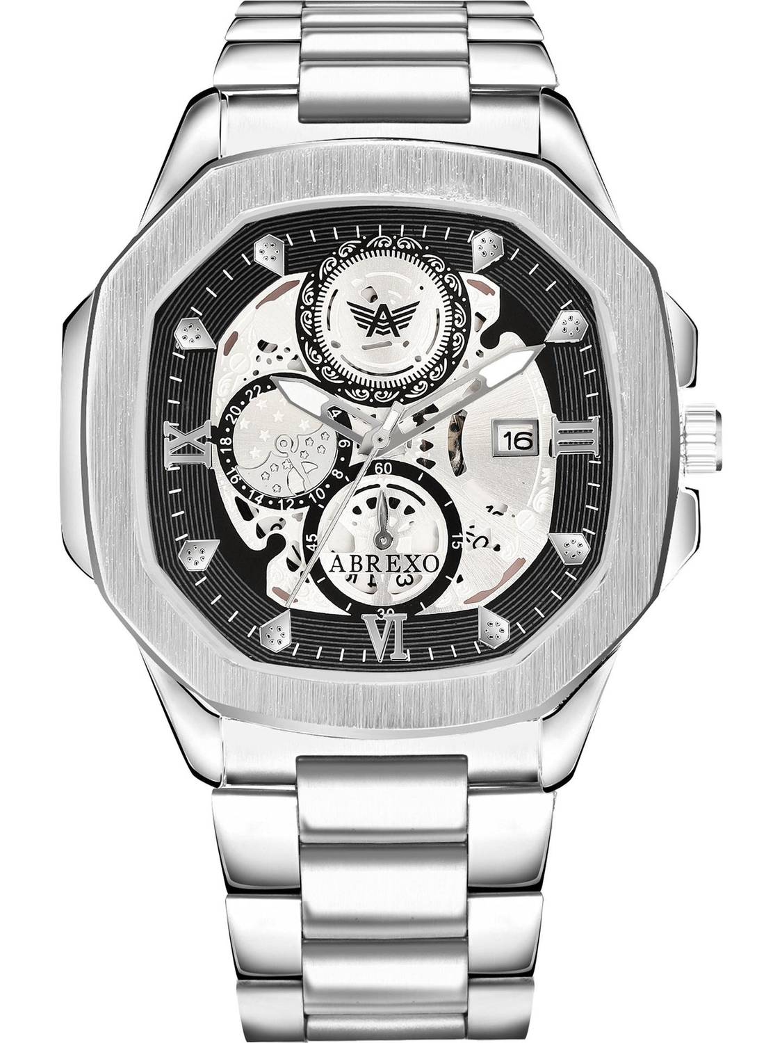 ABREXO Abx8311-Silver Bracelets GODFATHER Square Chrono Look Silver Dial Date Working Stainless Strap For Boys Analog Watch  - For Men