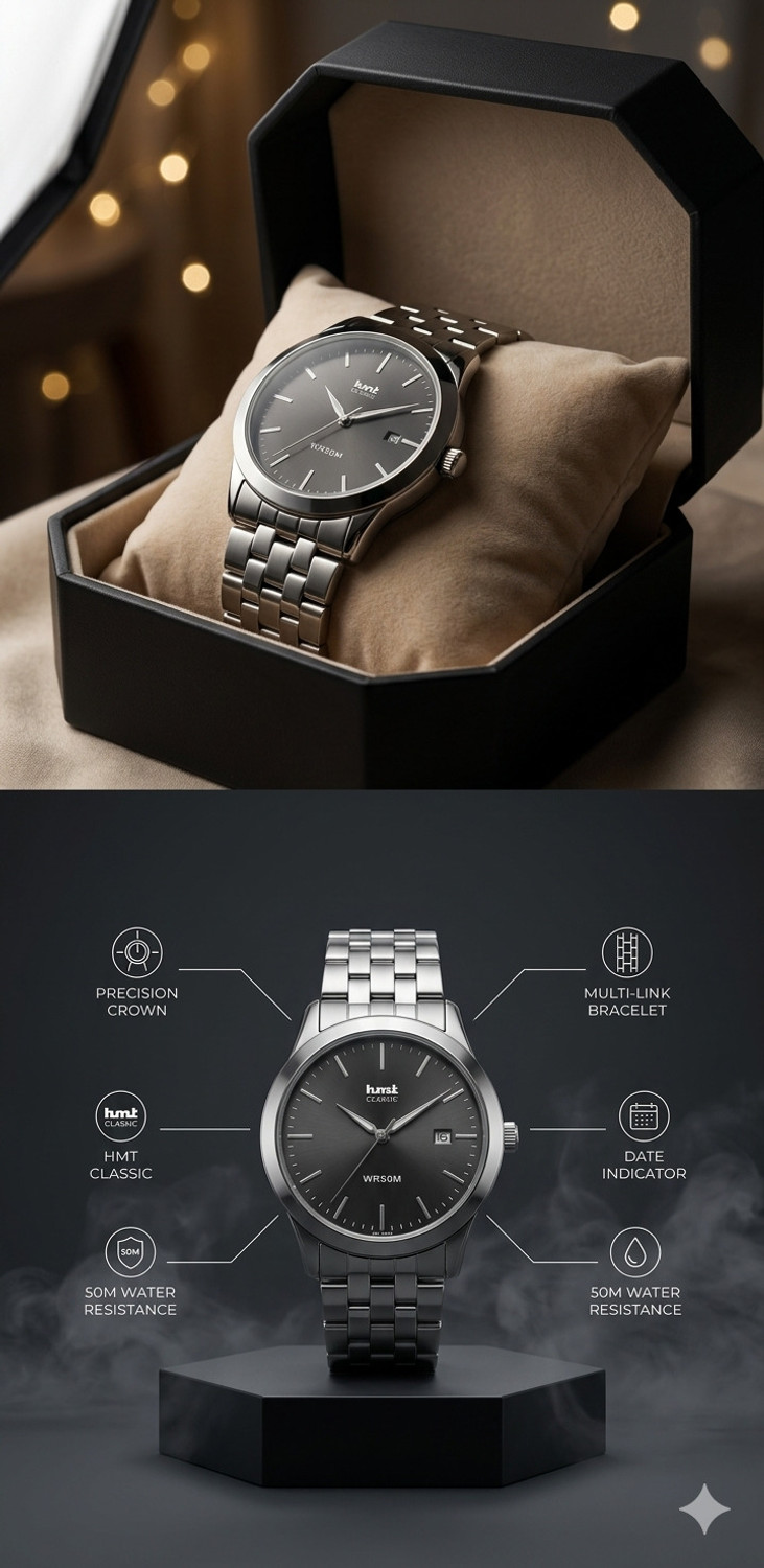 Image of HMT DLX 1584SM02 Black Silver chain Attractive Premium Summer collection Analog Watch - For Men