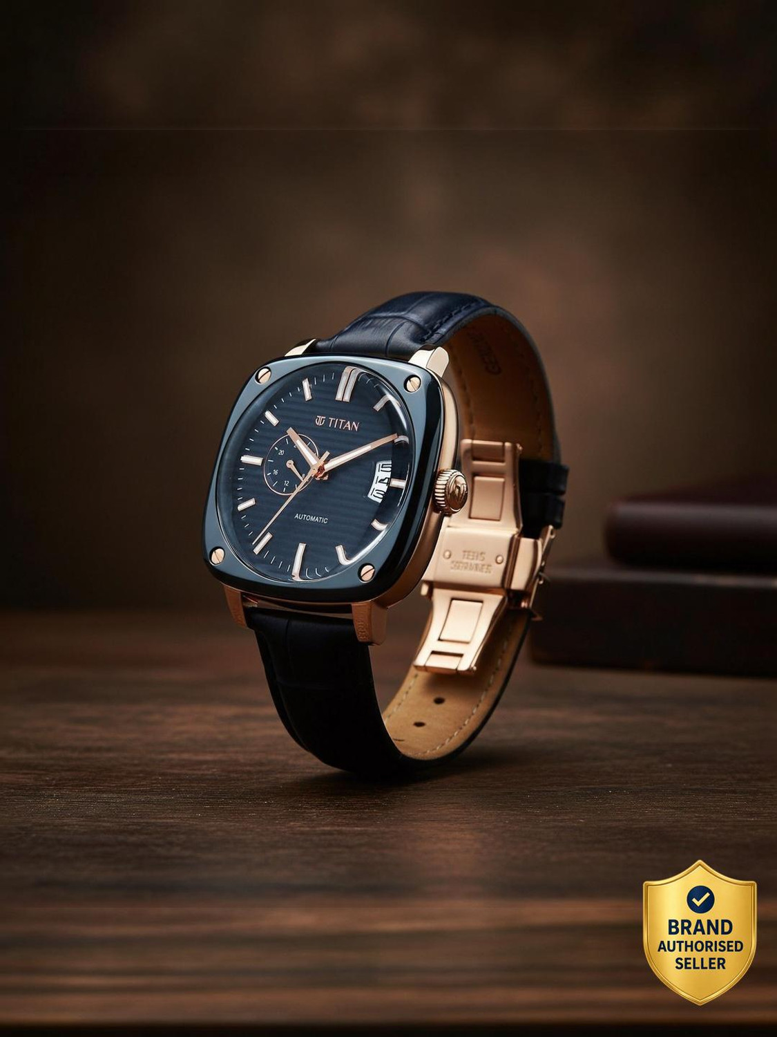 Image of Titan Automatic Vintage Titan Vintage Concealed Automatic with Blue Dial Blue Leather Strap Analog Watch - For Men