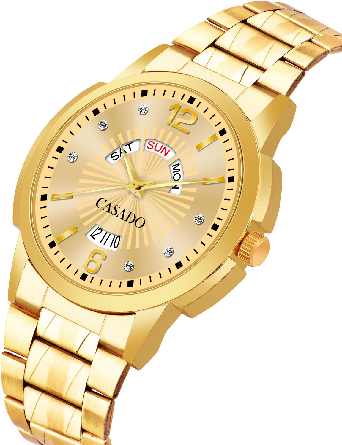 Image of Casado Branded Bracelet | Gold Plated | Studded | 3D Cut Glass | Day and Date Analog Watch - For Men 626-BRACELET-DD