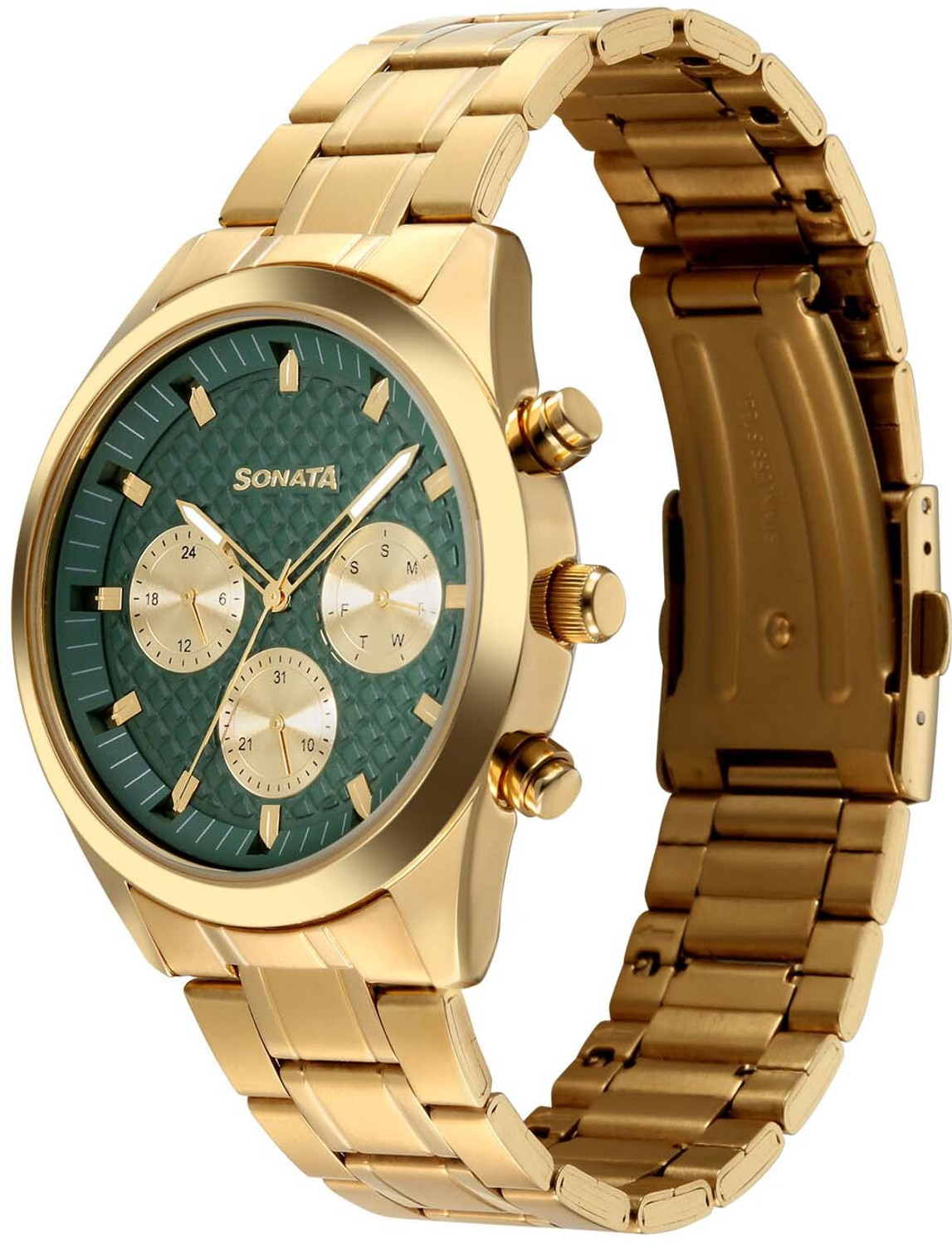 Image of SONATA Summit Summit Multifunction Green Dial Gold-Tone Analog Watch - For Men