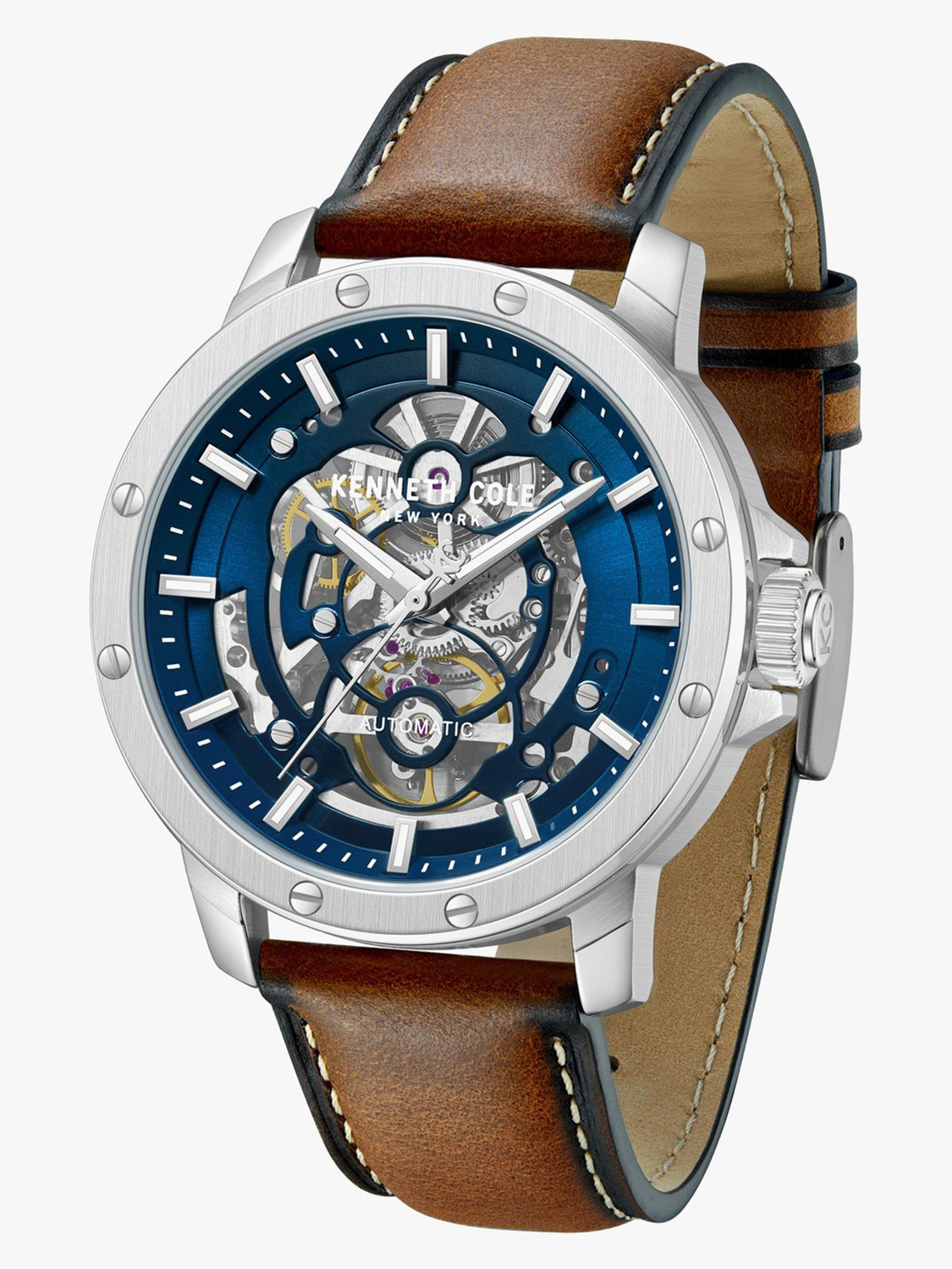 Image of Kenneth Cole Automatic Blue Dial Tan Genuine Leather Strap Analog Watch - For Men KCWGX0088905MN,KCWGX0088905MNW