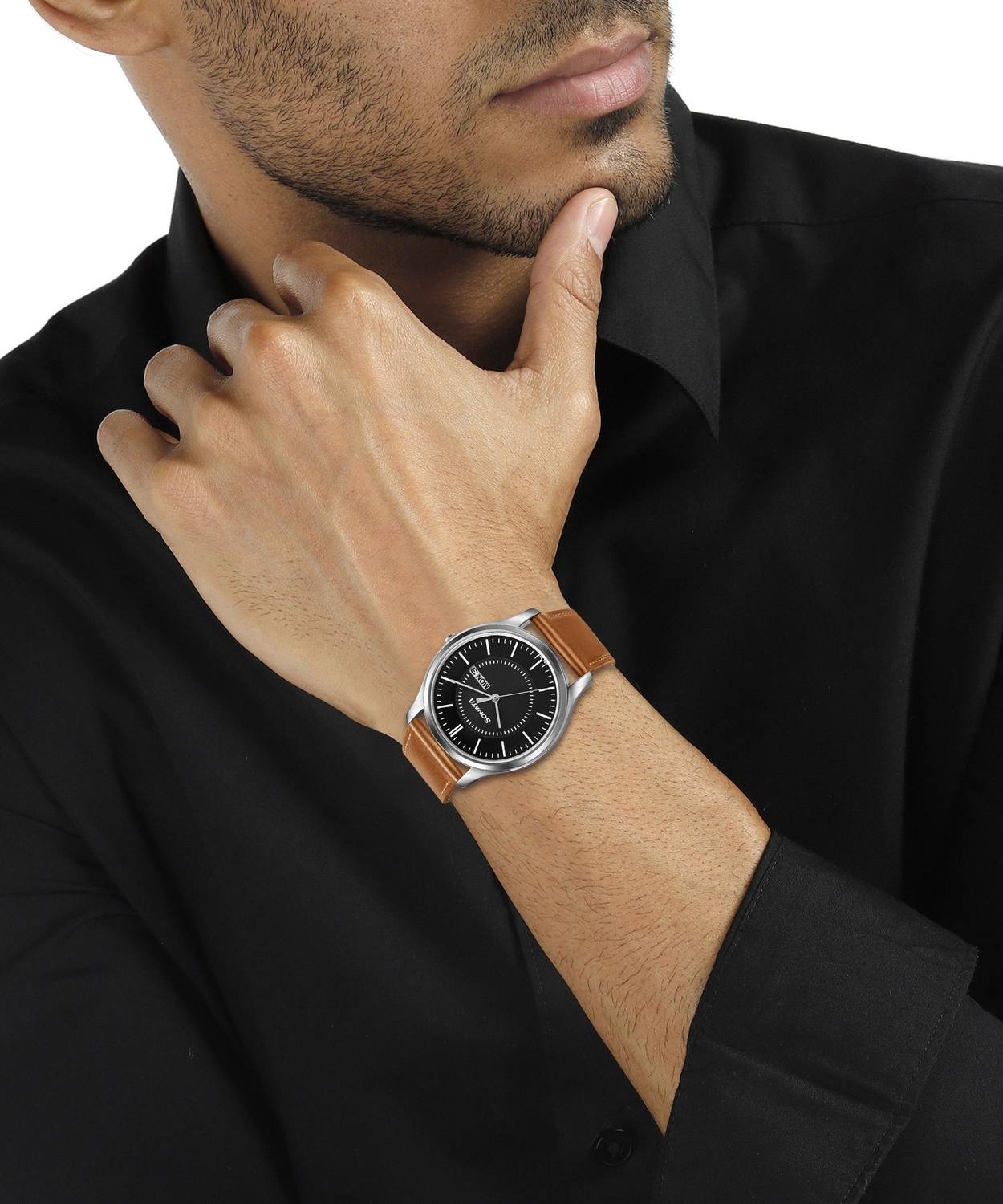 Sonata 77082SL08W Black Dial Tan Leather Men's Watch - Image 5