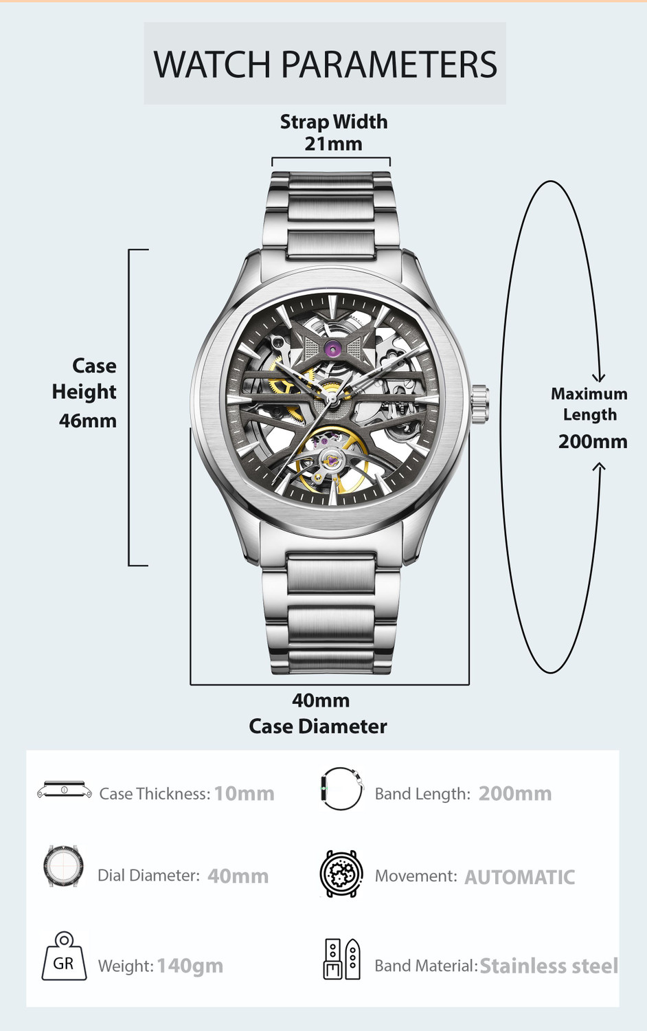 Image of Alix AL2924S Black Skeleton Dial With Silver Stainless Steel Strap Analog Watch - For Men