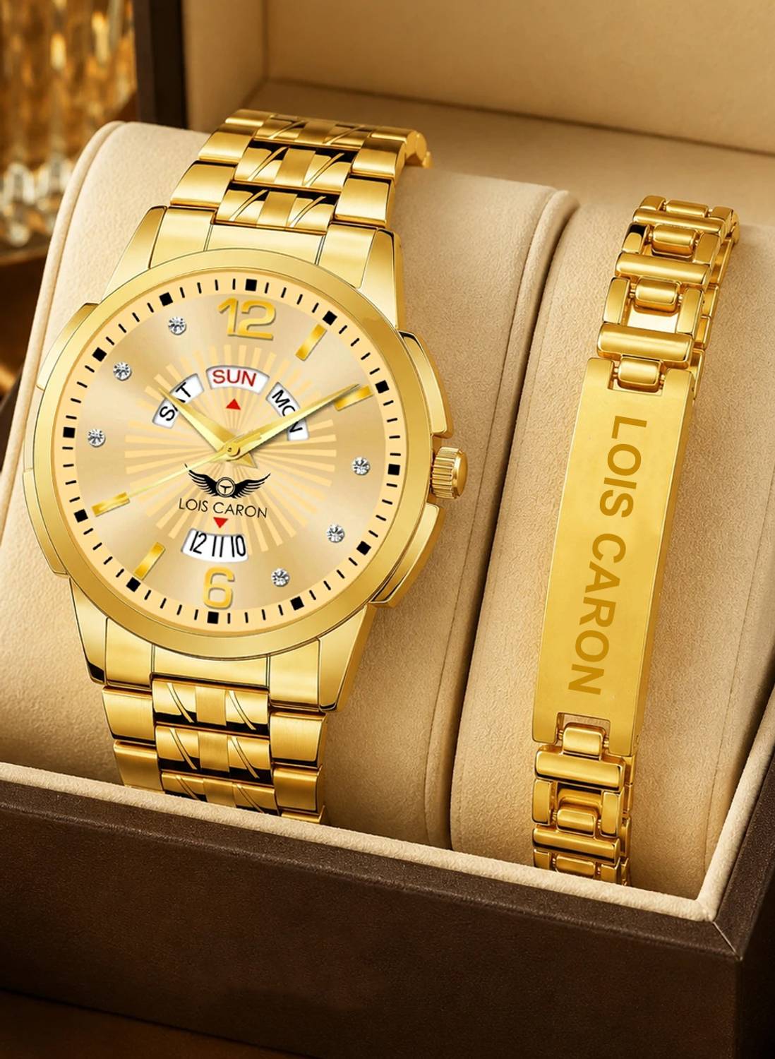 LOIS CARON LCS-9164 Gold Plated Analog Day & Date Men’s Watch with Bracelet | Premium Golden Dial Analog Watch  - For Men price history chart and lowest price