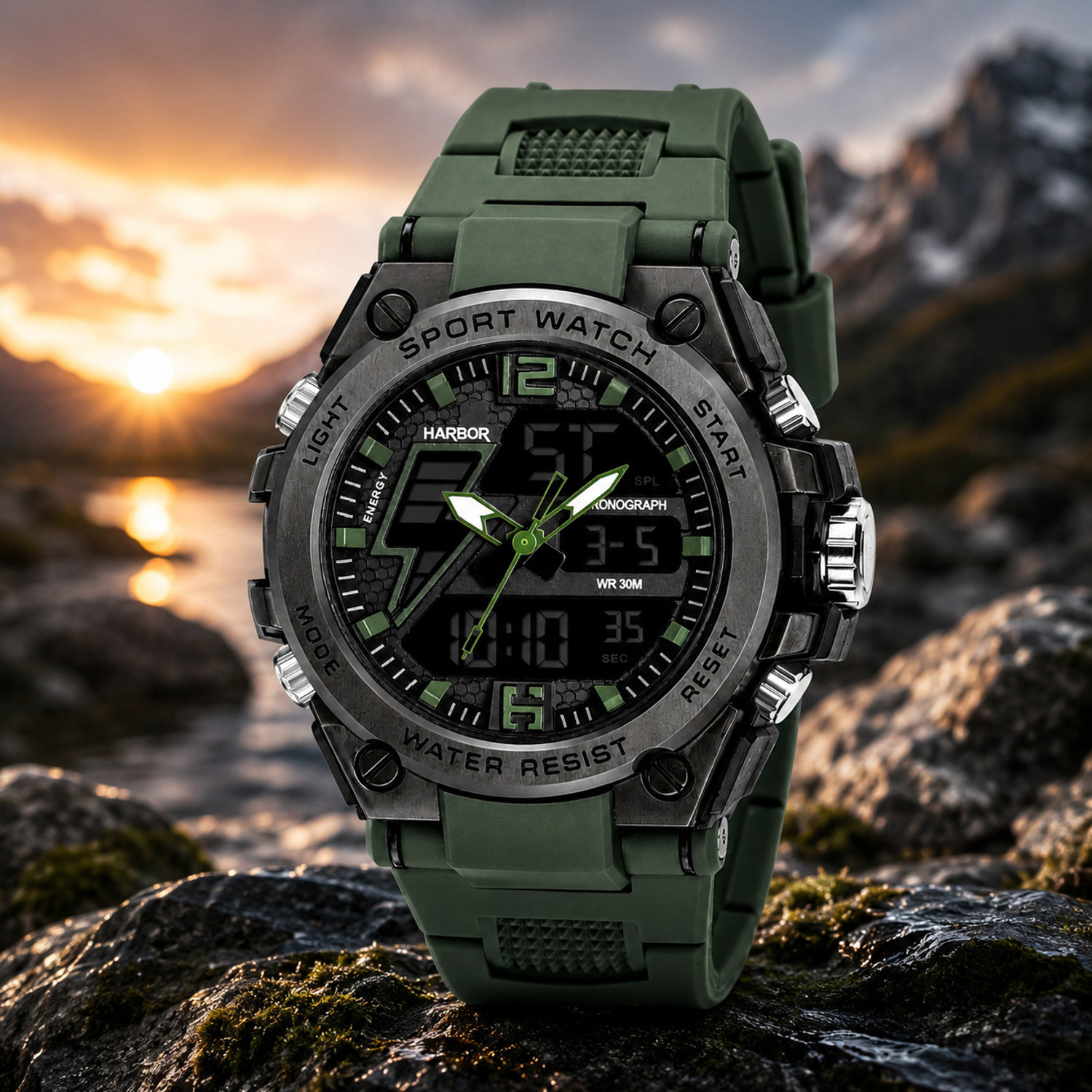 Image of Harbor Outlander 5210 Green Outlander Green PU Strap Water Resistant Multi Functional Sports Watch Analog-Digital Watch - For Men